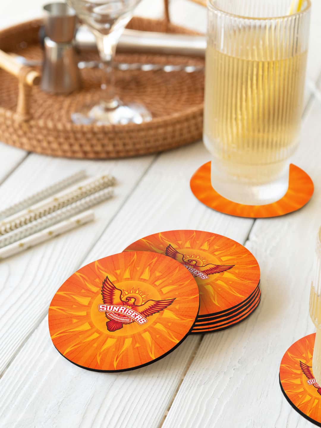 

macmerise Orange & Red 6 Pieces Sunrisers Hyderabad Logo Printed Circle Coasters