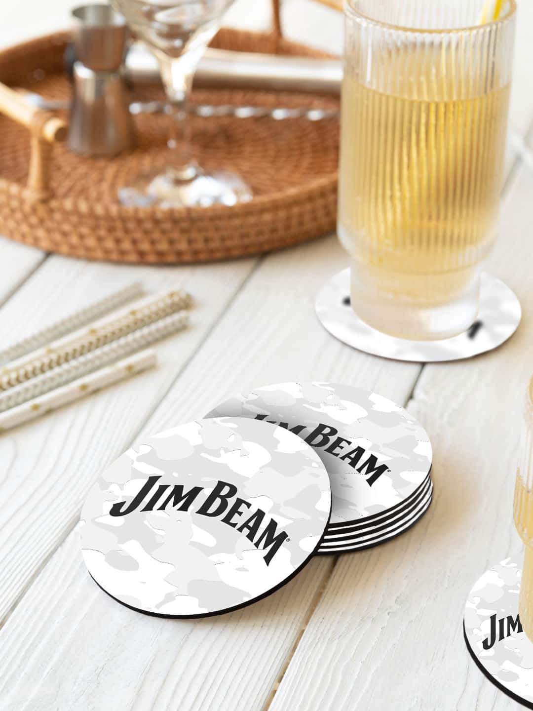 

macmerise White & Grey 6 Pieces Jim Beam Printed Circle Coasters