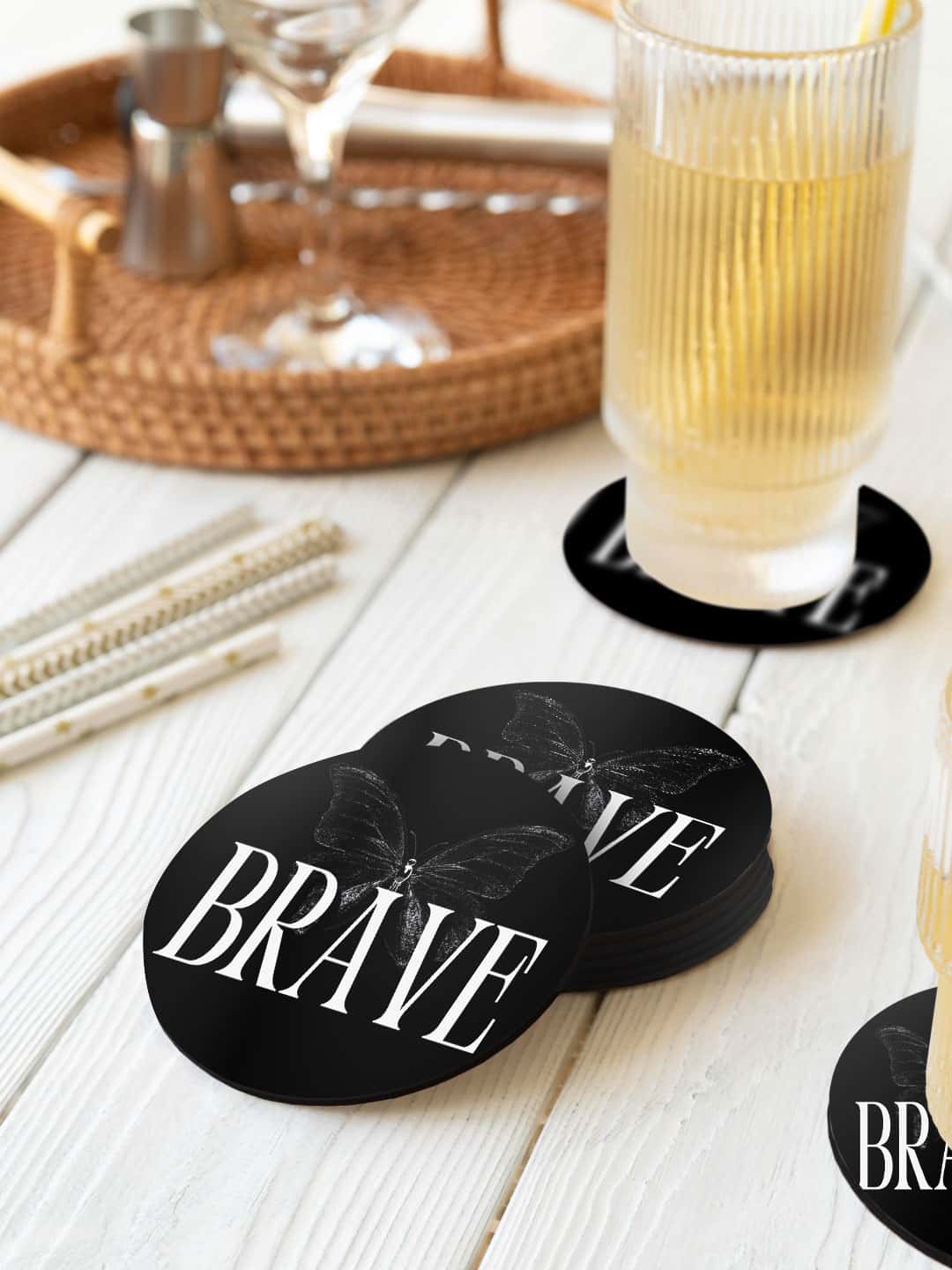 

macmerise Black & White 6 Pieces Brave Printed Circle Coasters