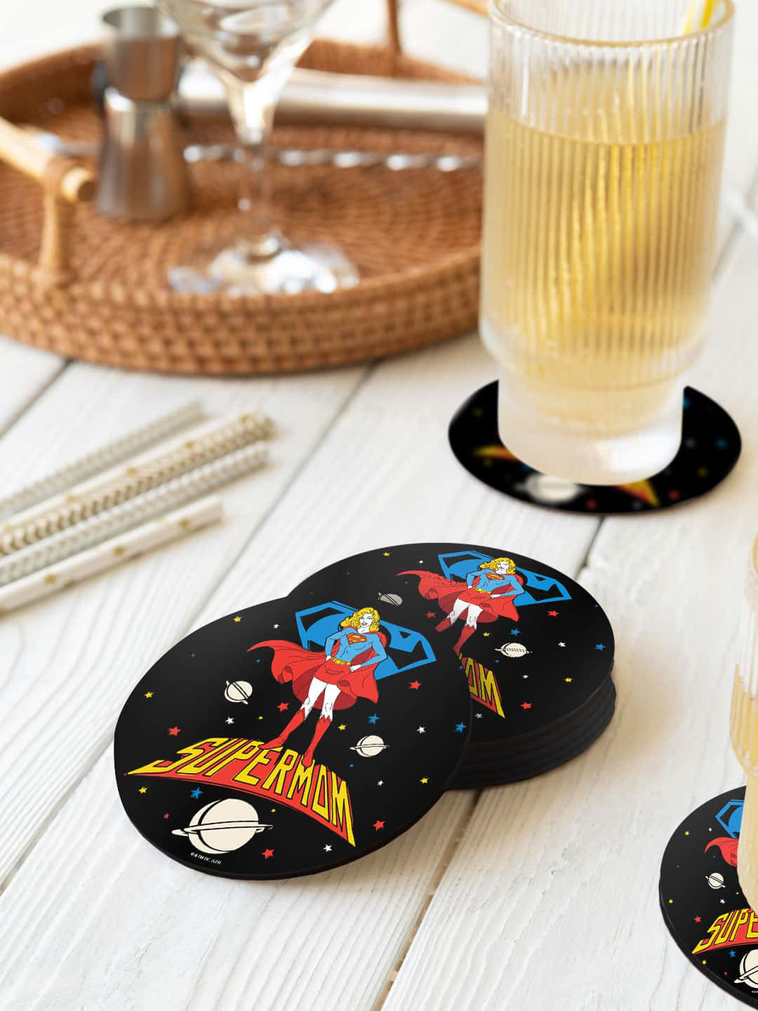 

macmerise Illustrations Black & Blue 6 Pieces Supermom Printed Circle Coasters