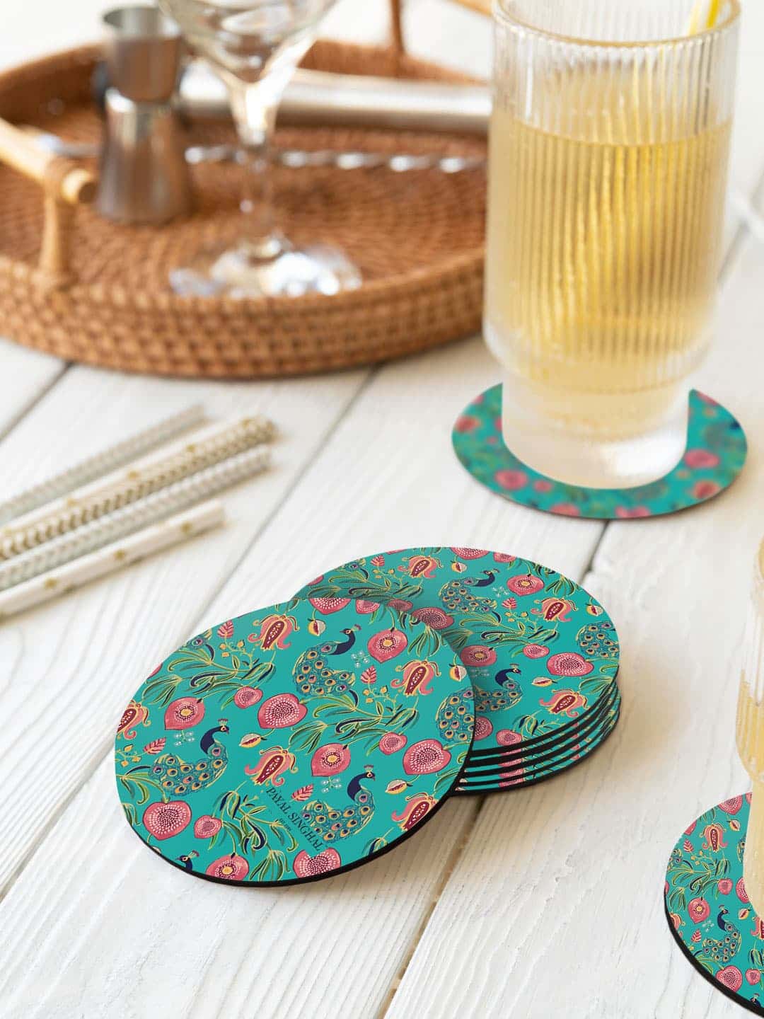 

macmerise Payal Singhal Green & Pink 6 Pieces Anaar & Mor Printed Circle Coasters