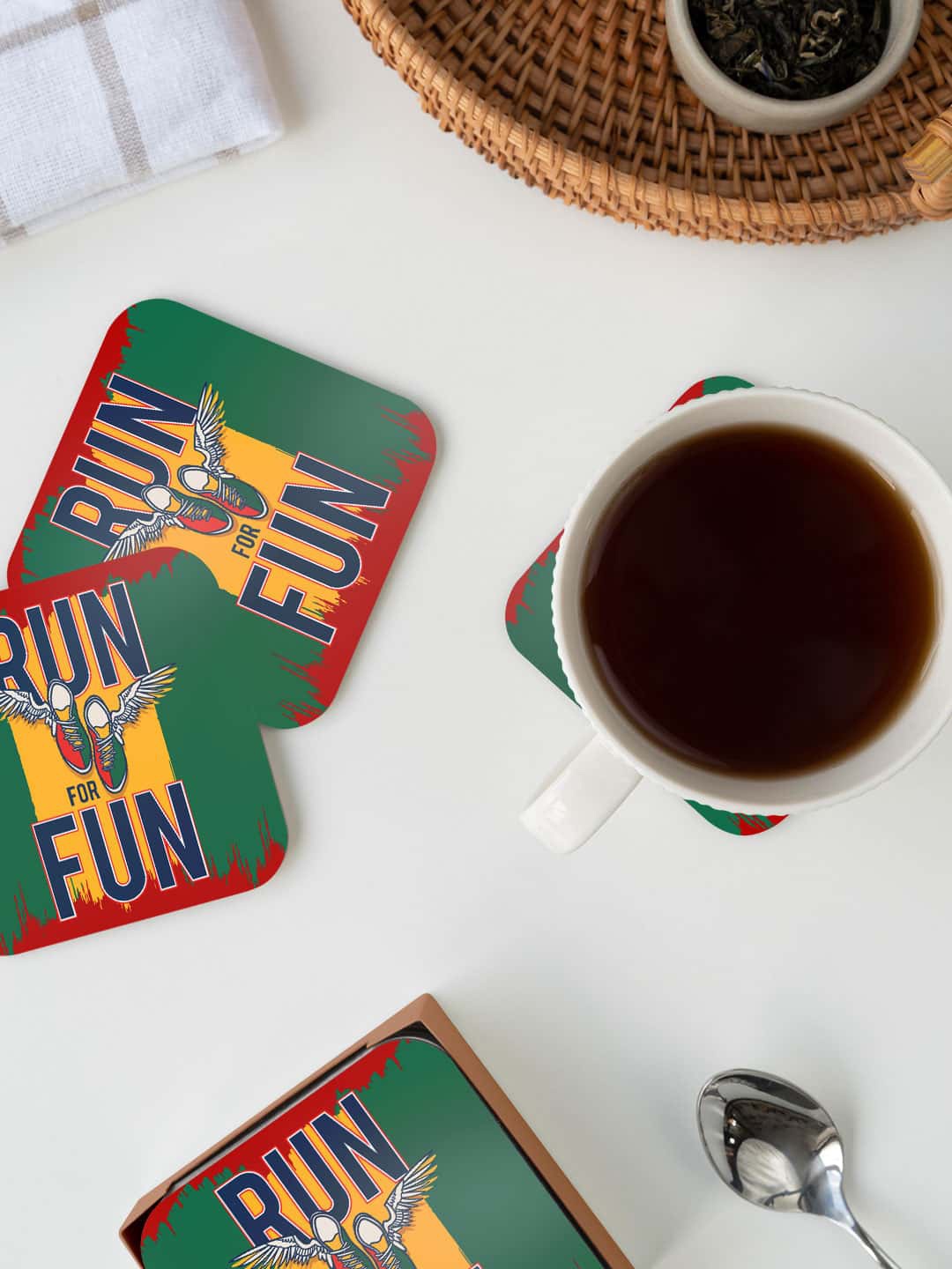 

macmerise Illustrations Green & Yellow Run for Fun Printed Square Coaster