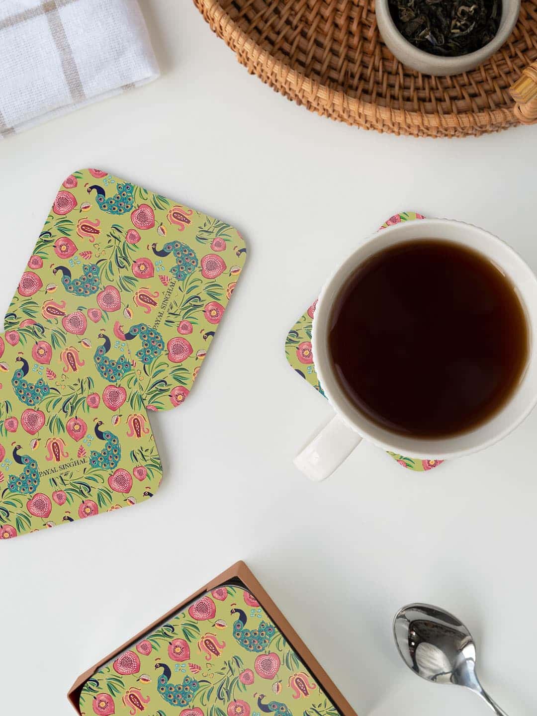 

macmerise Payal Singhal Green & Pink Anaar & Mor Printed Square Coaster