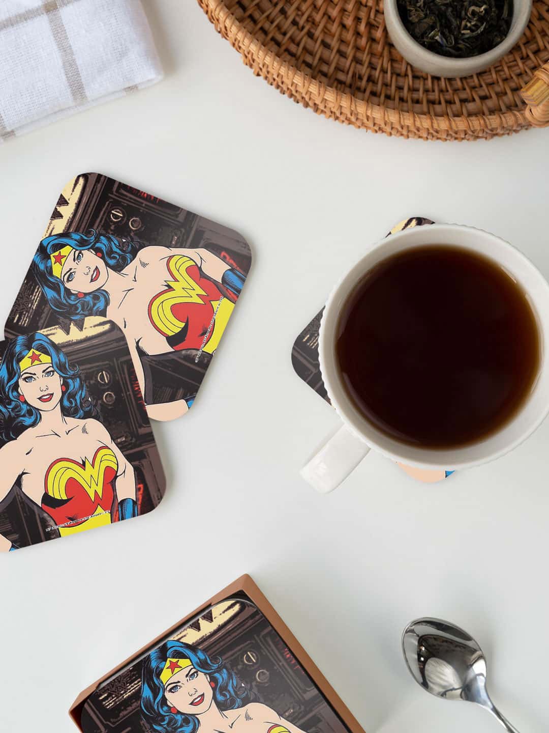 

macmerise DC Comics Brown & Beige Vintage Wonder Woman Printed Square Coaster