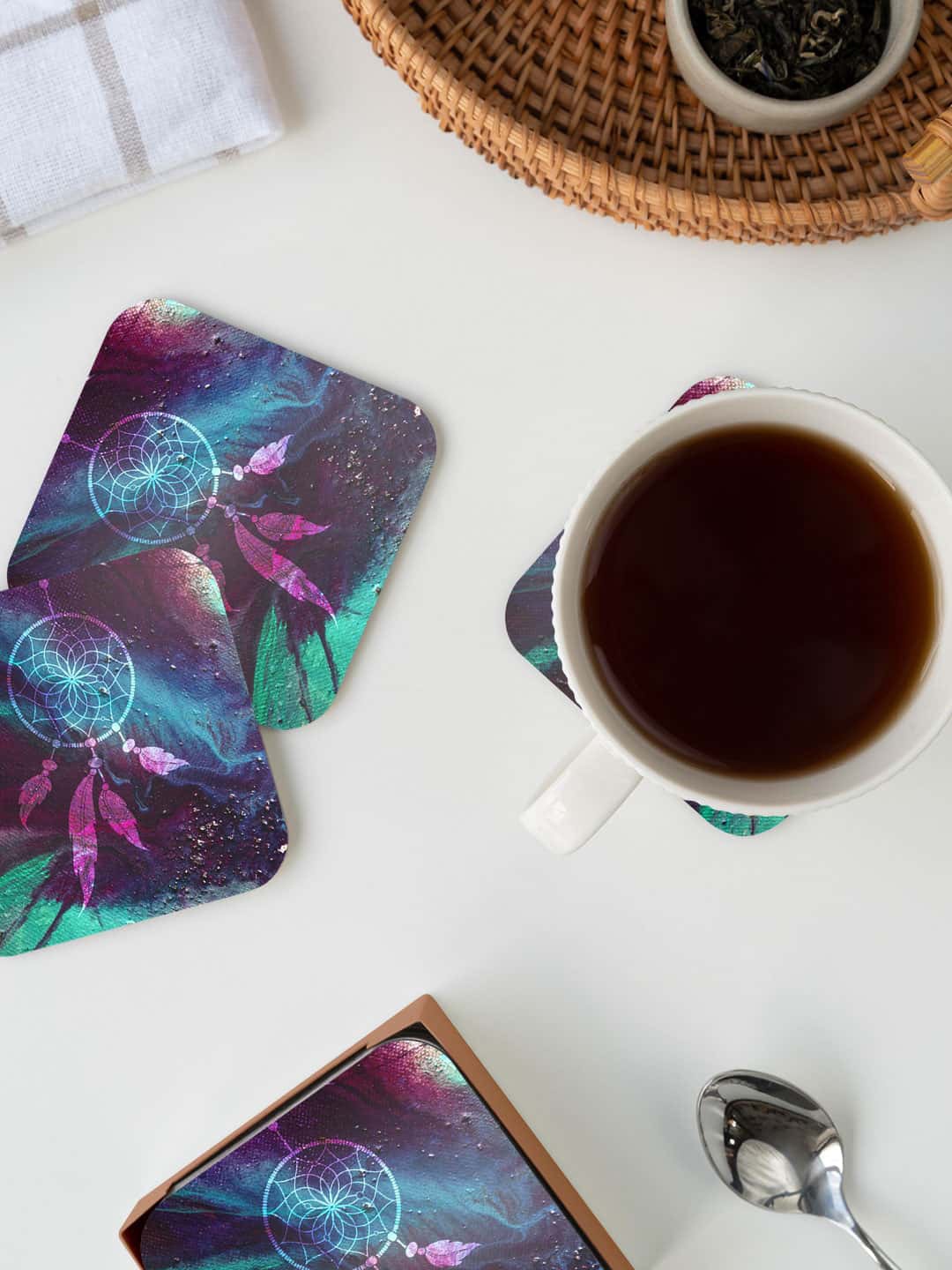 

macmerise Purple & Green Dream Catcher Galaxy Printed Square Coaster