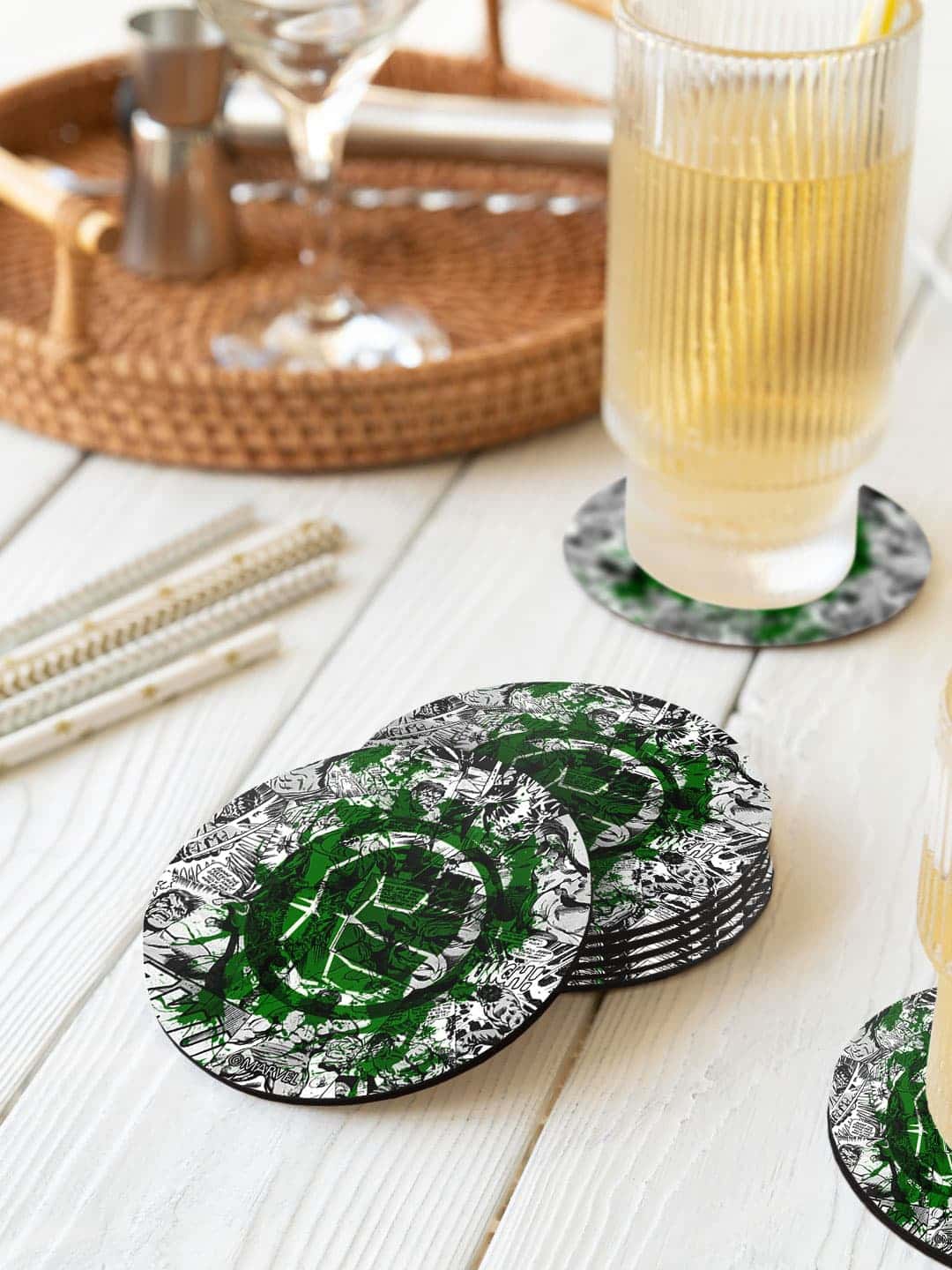 

macmerise Marvel Green & Black 6 Pieces Splash Out Hulk Fist Printed Circle Coasters