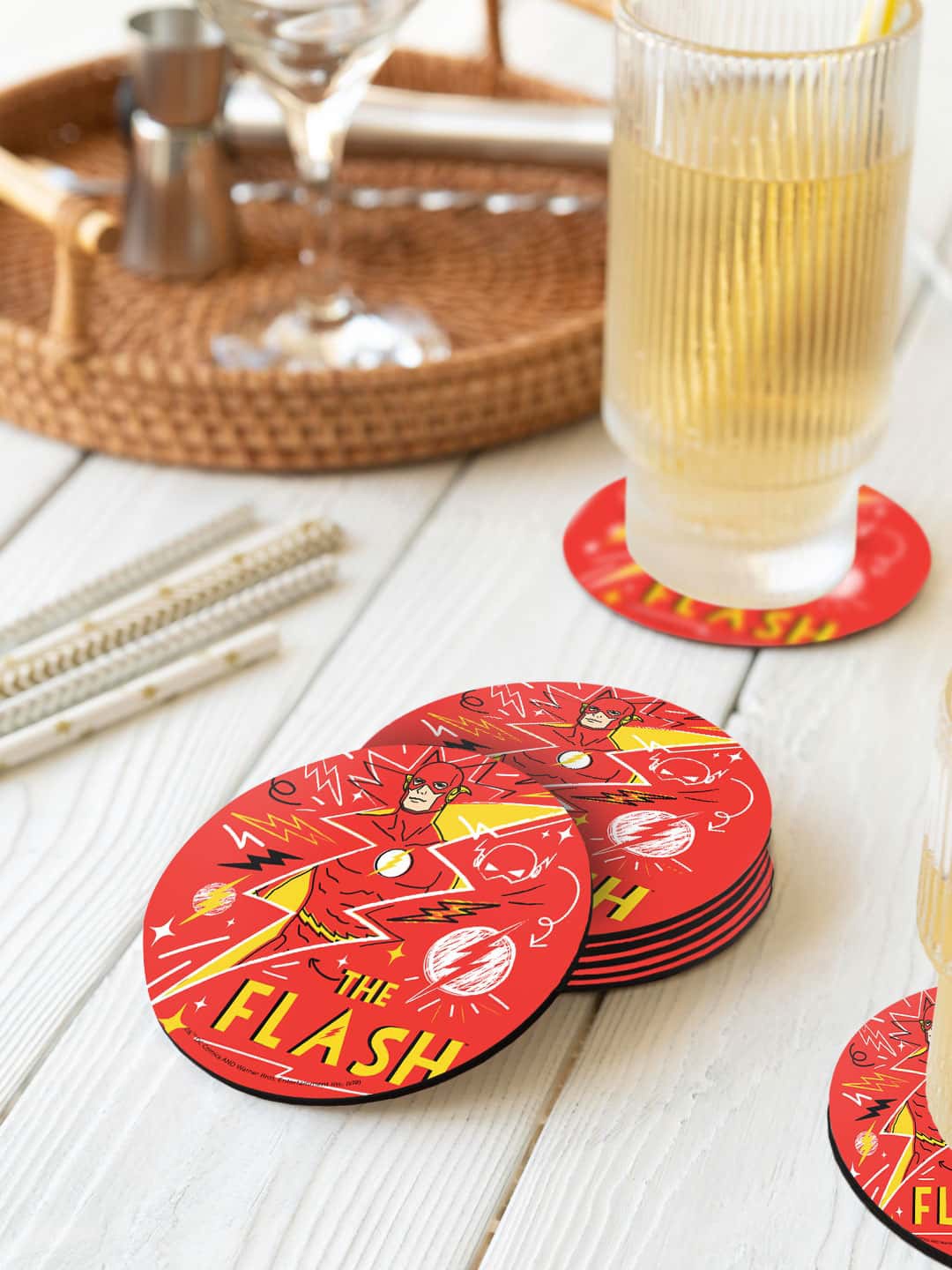 

macmerise DC Comics Orange & Yellow 6 Pieces Flash Doodle Printed Circle Coasters