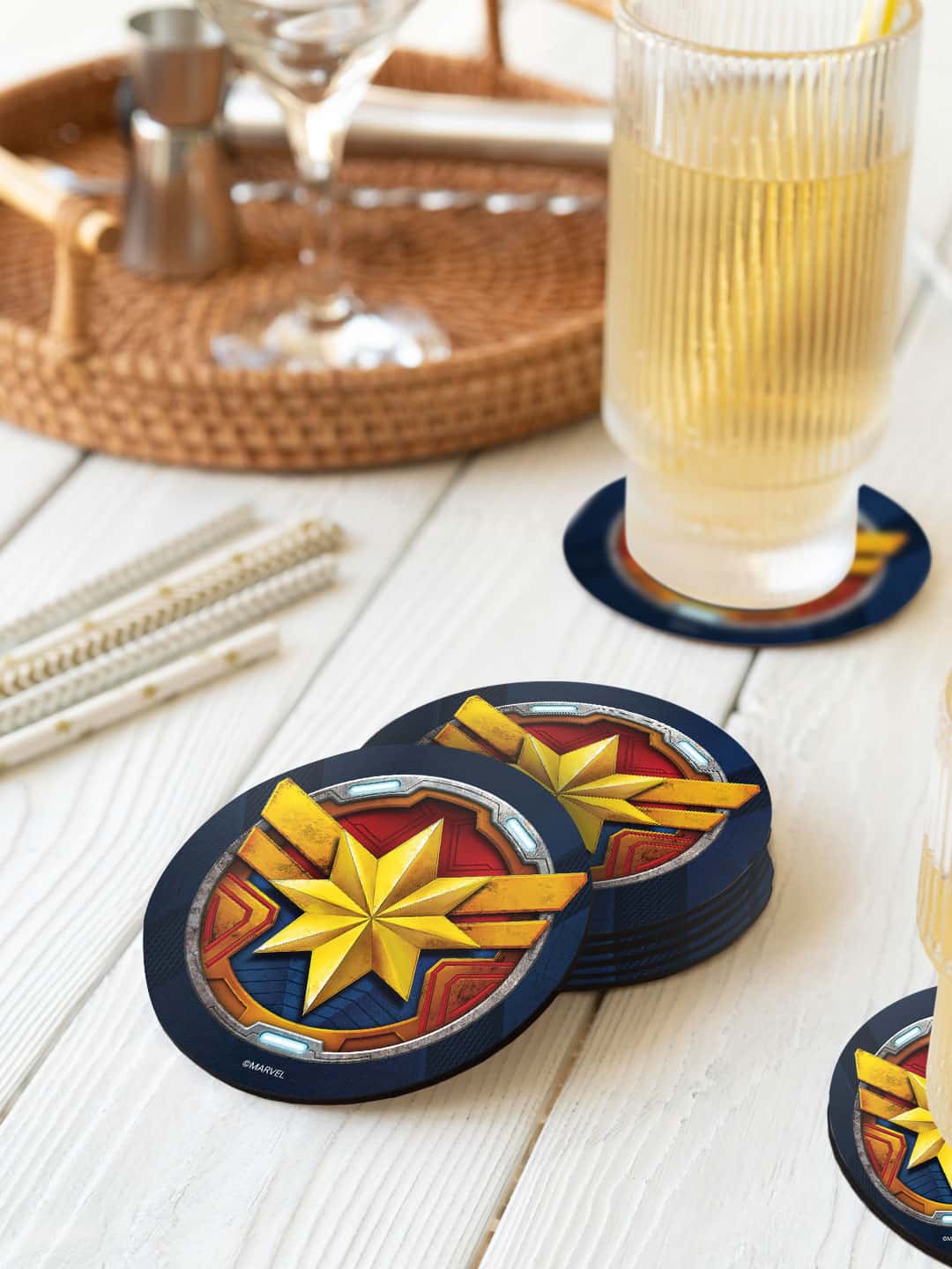 

macmerise Blue 6 Pieces Armor Badge Captain Marvel Printed Round Coasters