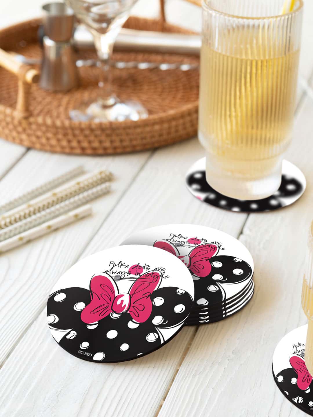 

macmerise Black & Pink 6 Pieces Polka Minnie Printed Round Coasters, White