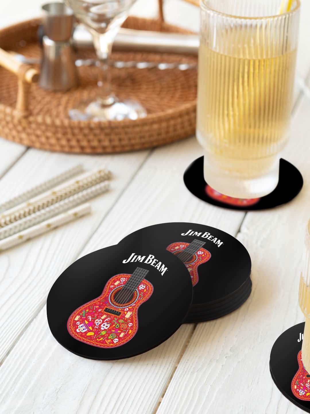 

macmerise Black & Red 6 Pieces Jim Beam Guitar Printed Round Coasters
