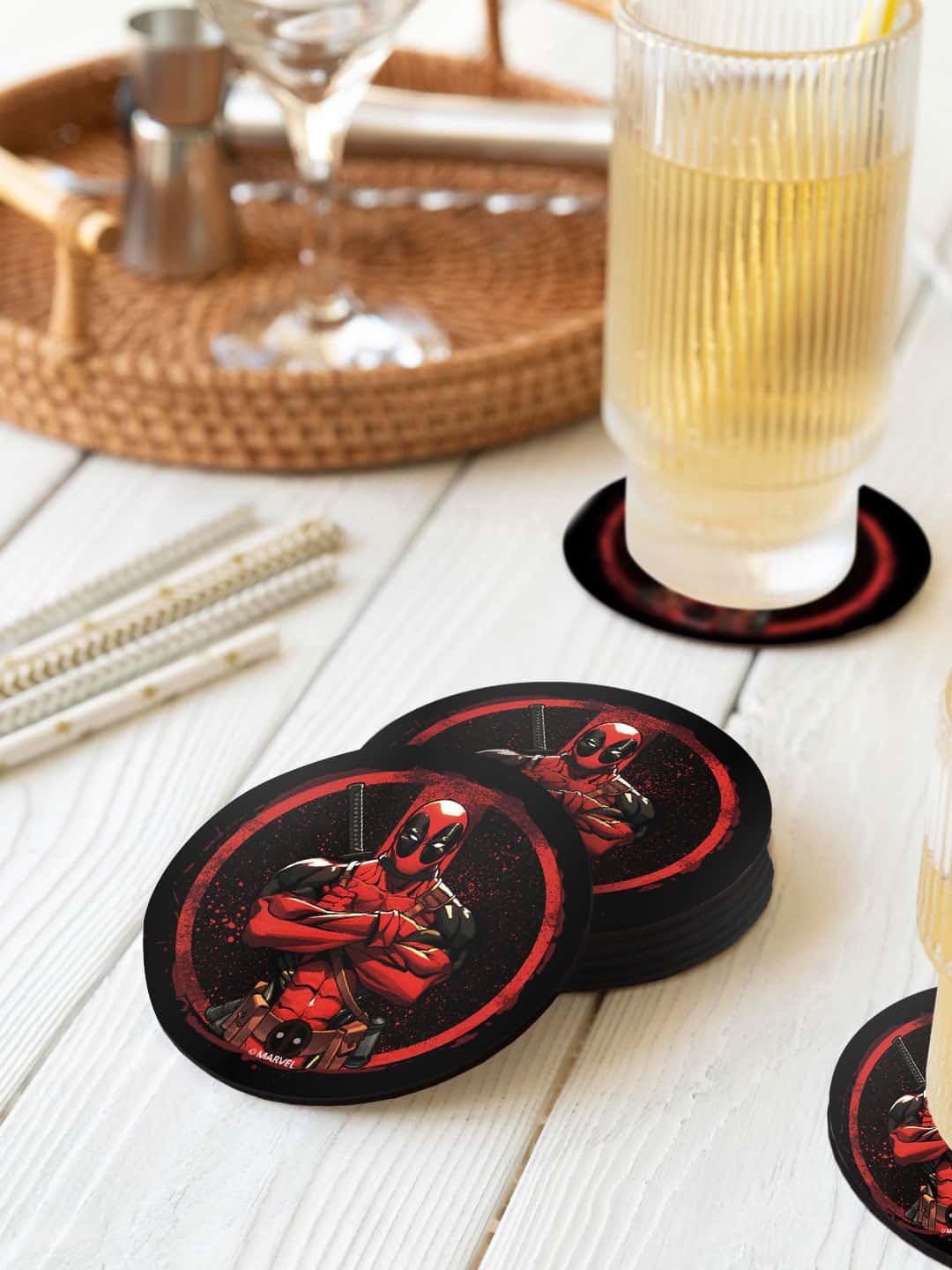 

macmerise Marvel Black & Red 6 Pieces Deadpool Stance Printed Round Coasters