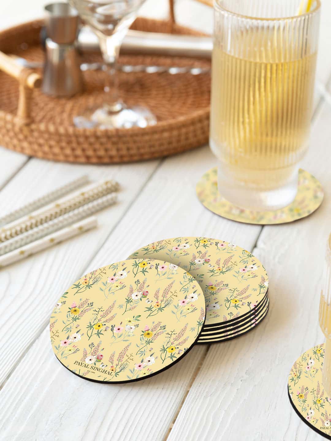 

macmerise Payal Singhal Yellow & Pink 6 Pieces Lemon Garden Printed Round Coasters