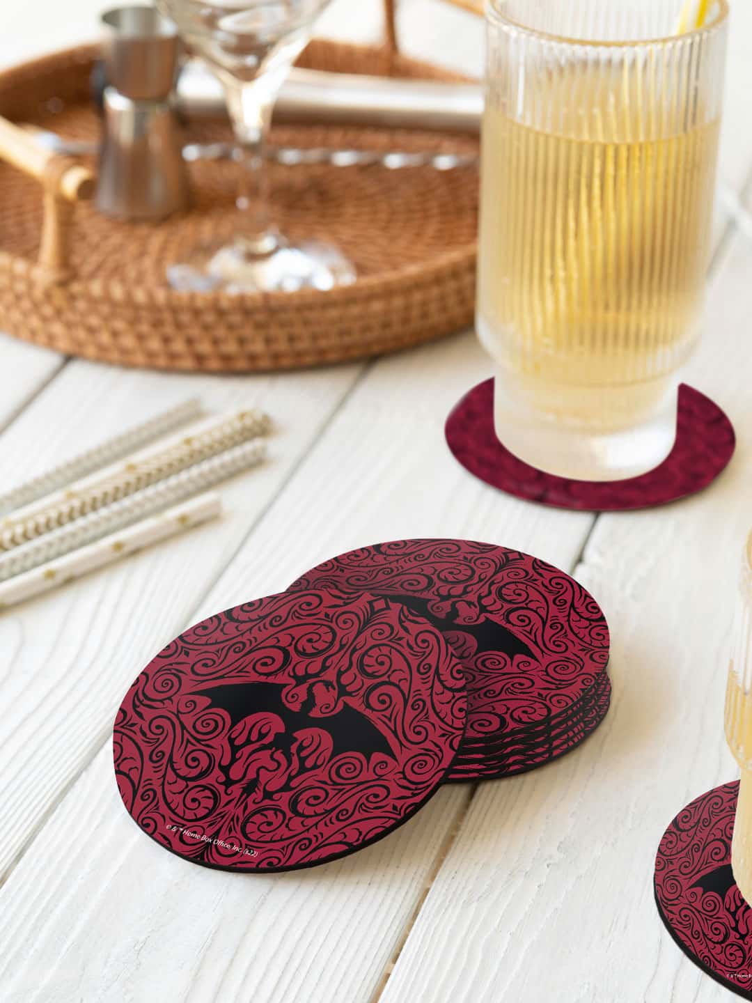 

macmerise House Of The Dragon Pink & Black 6 Pieces Dragon Pattern Printed Round Coasters