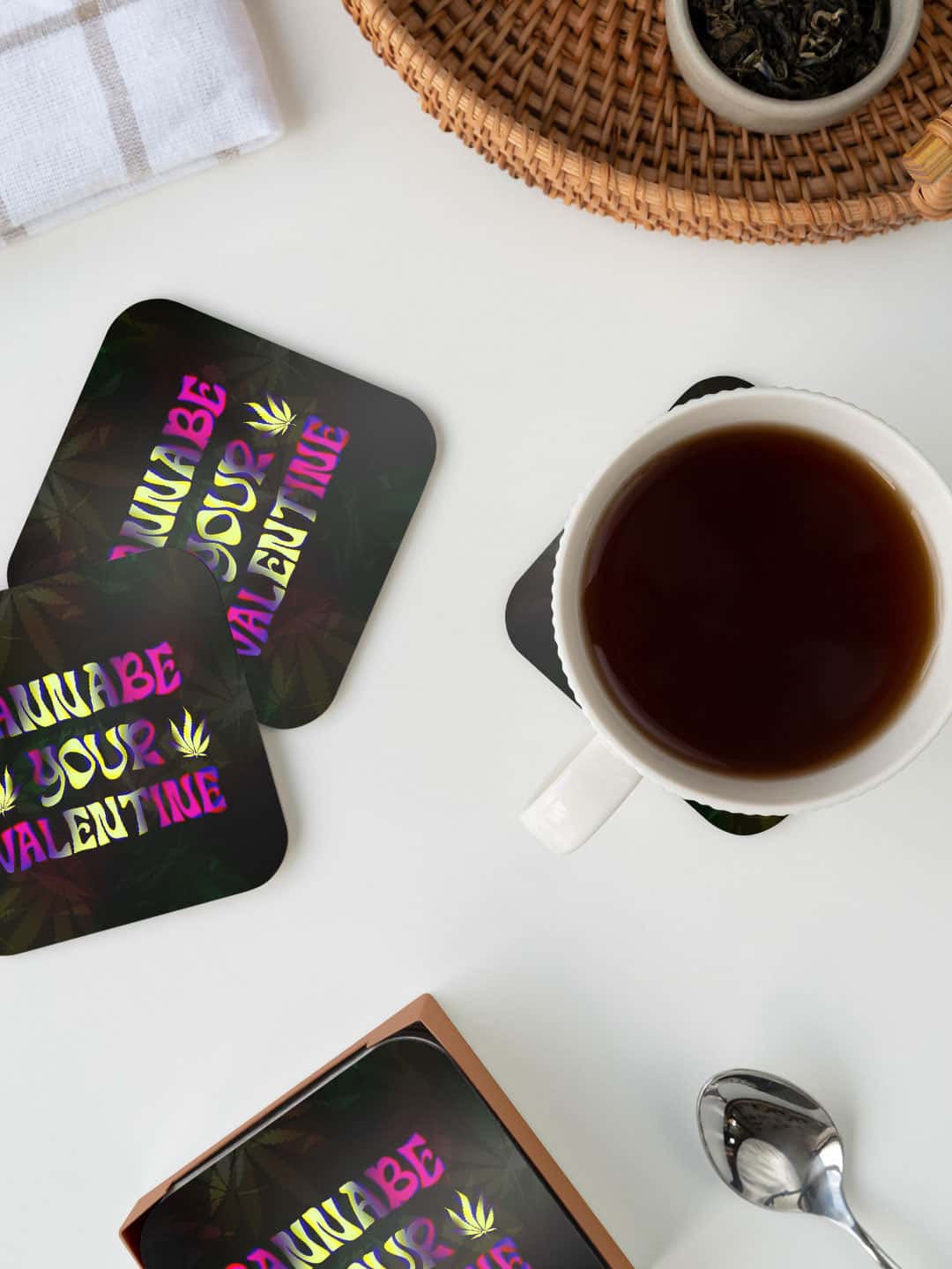 

macmerise Illustrations Black & Pink Valentine Cannabe Printed Square Coaster