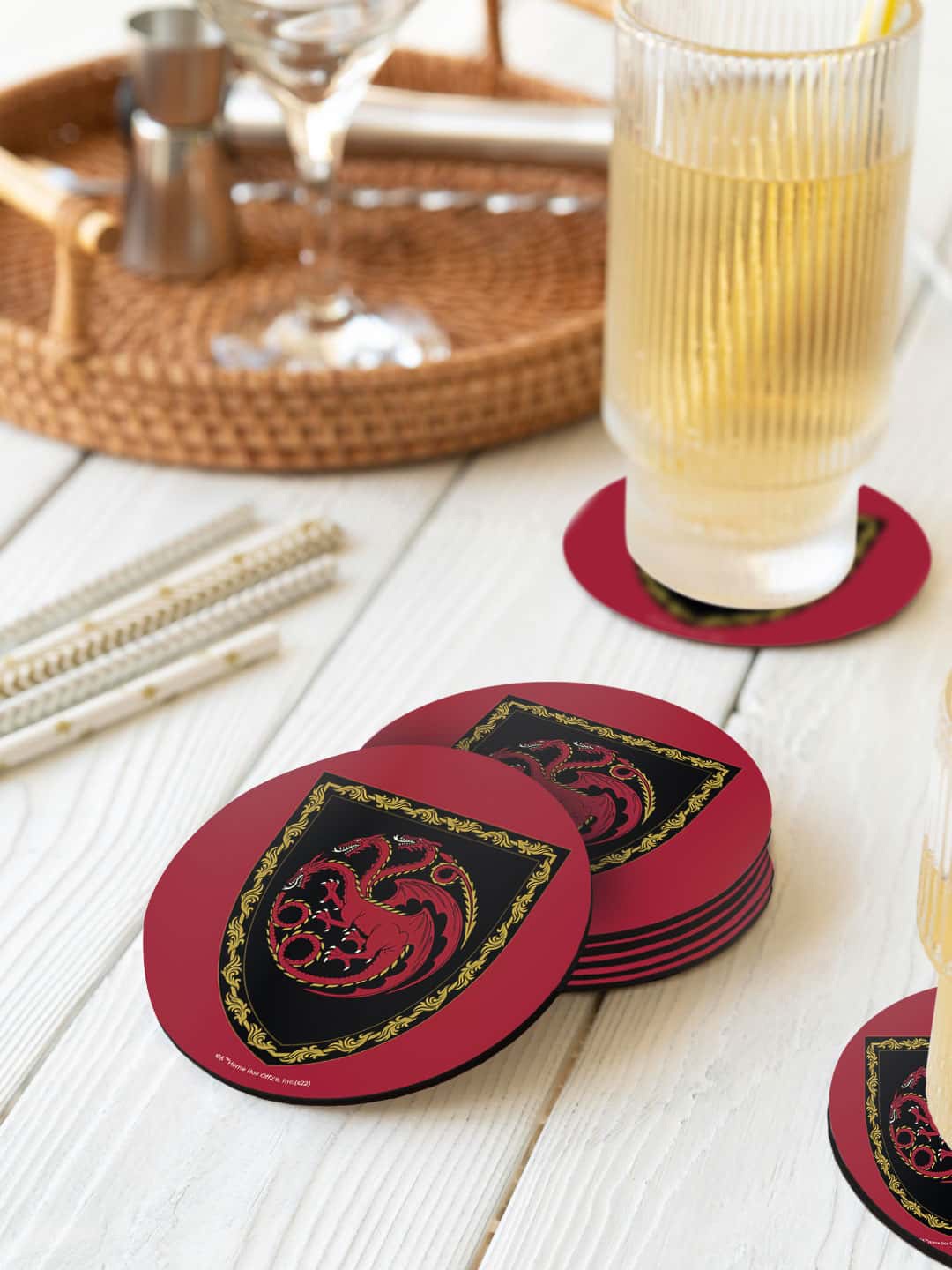

macmerise House Of The Dragon Red & Black 6 Pieces Targaryen Flag Printed Round Coasters