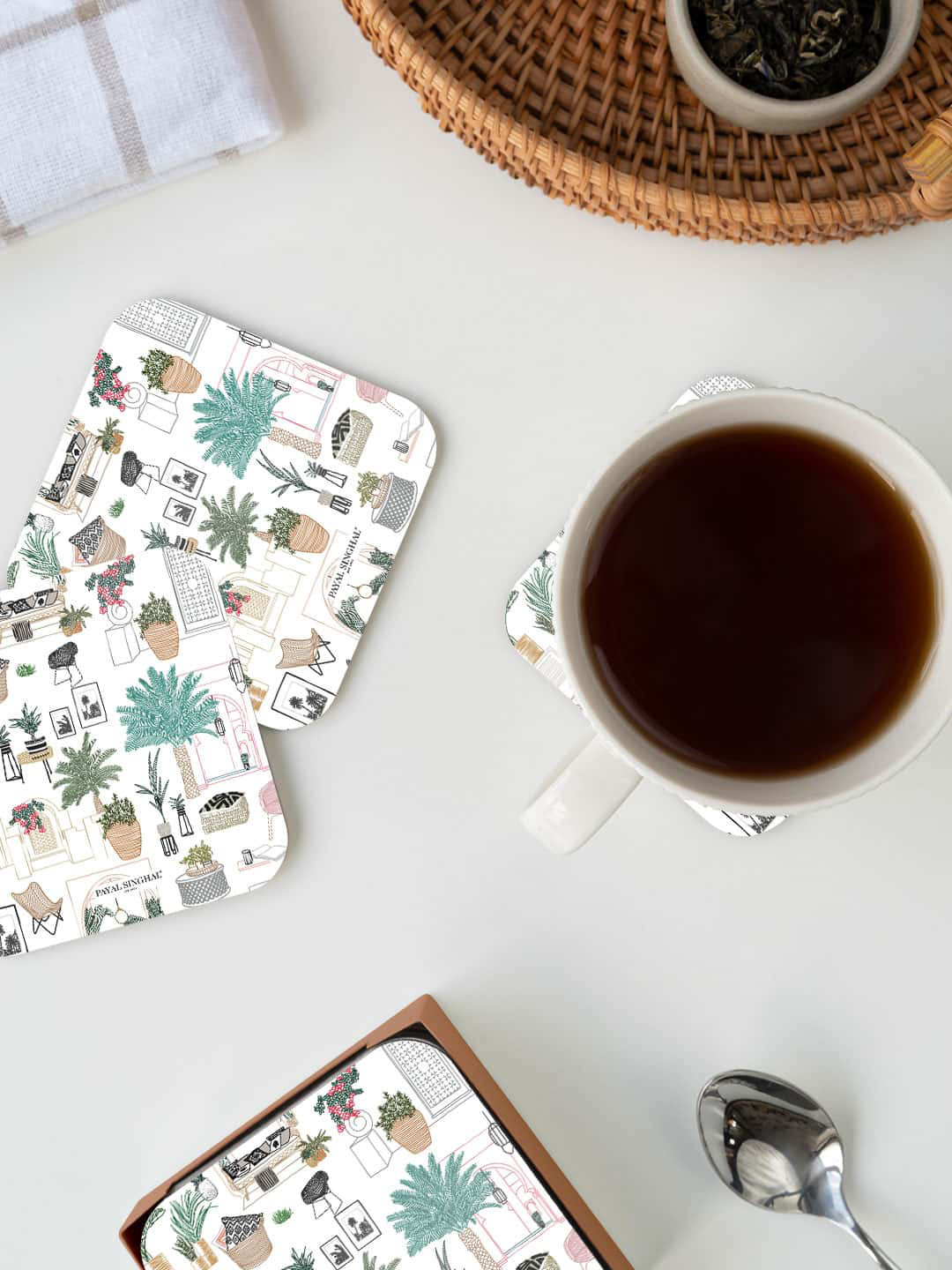 

macmerise White & Green Cafe Morocco Printed Square Coaster