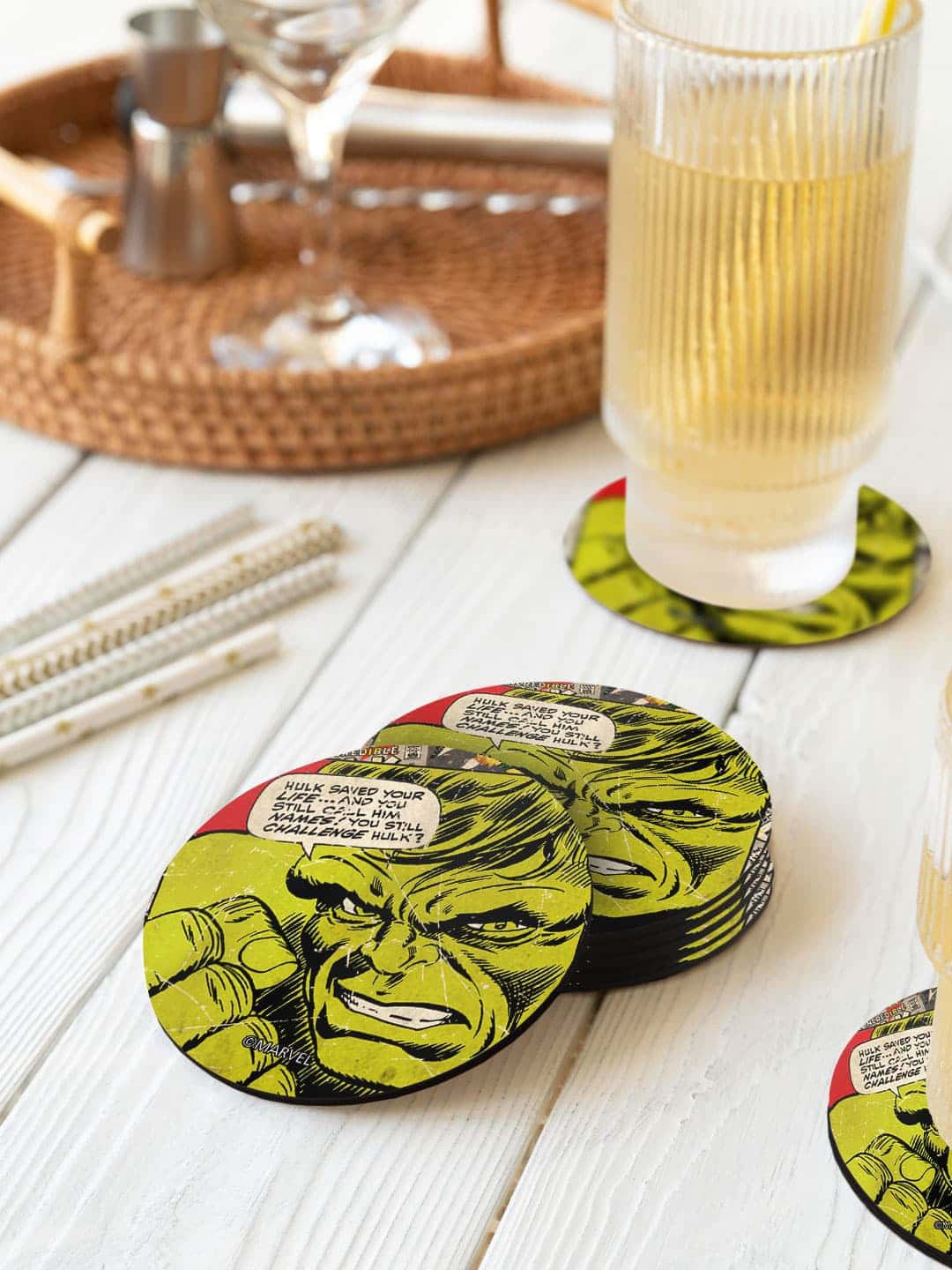 

macmerise Marvel Green & Red 6 Pieces Comic Hulk Printed Round Coasters