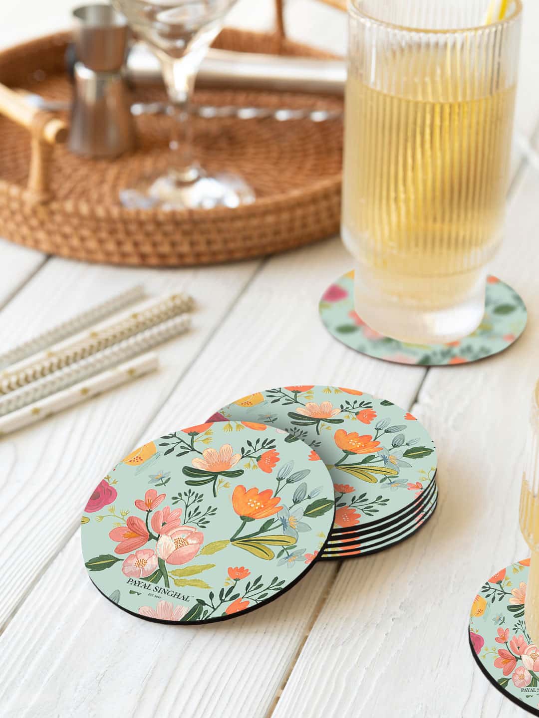 

macmerise Payal Singhal Green & Pink 6 Pieces Aqua Flower Printed Round Coasters