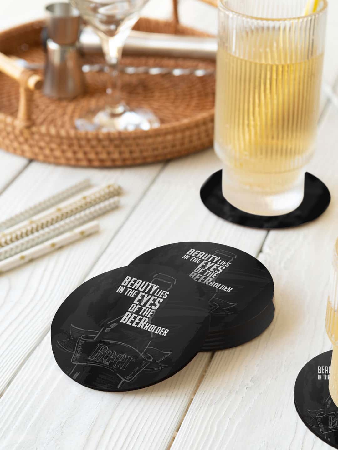 

macmerise Illustrations Black & Grey 6 Pieces Beer Holder Printed Round Coasters