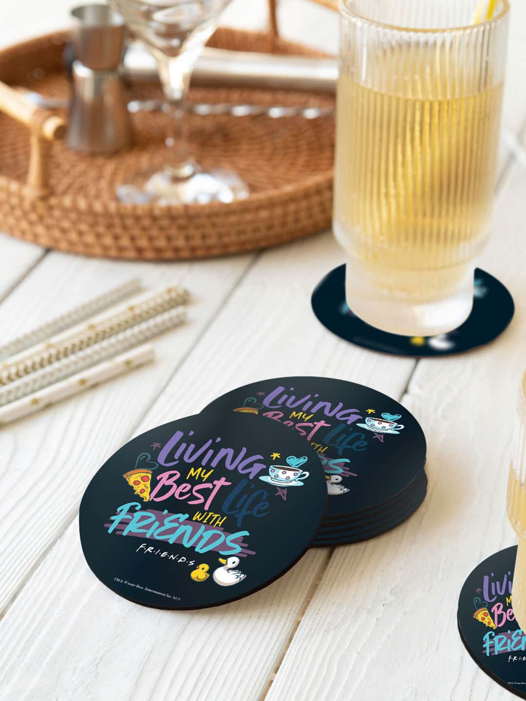 

macmerise Navy Blue & Purple 6 Pieces Best Life With Friends Printed Round Coasters