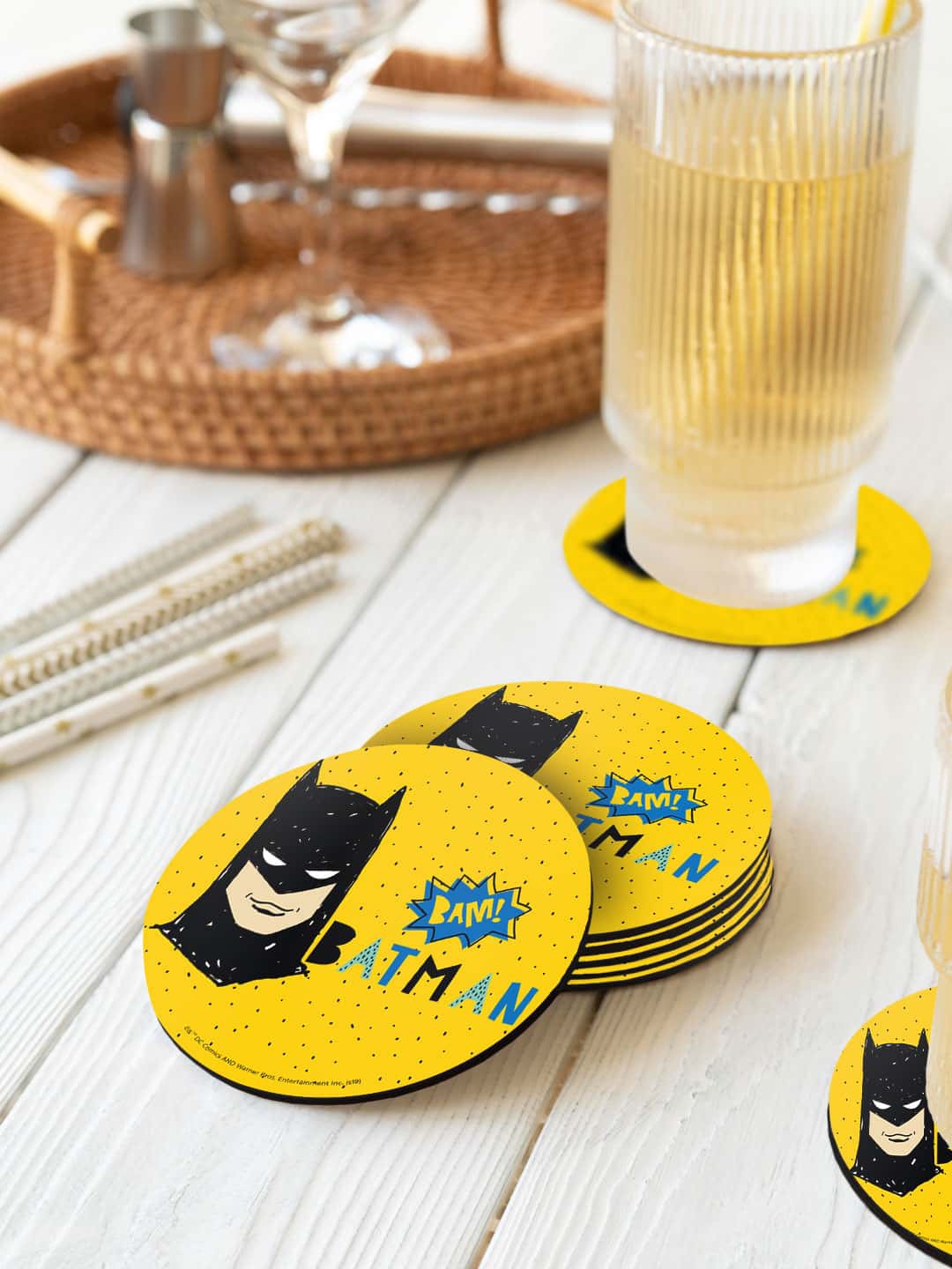 

macmerise DC Comics Yellow & Black 6 Pieces Batman Bam Printed Round Coasters