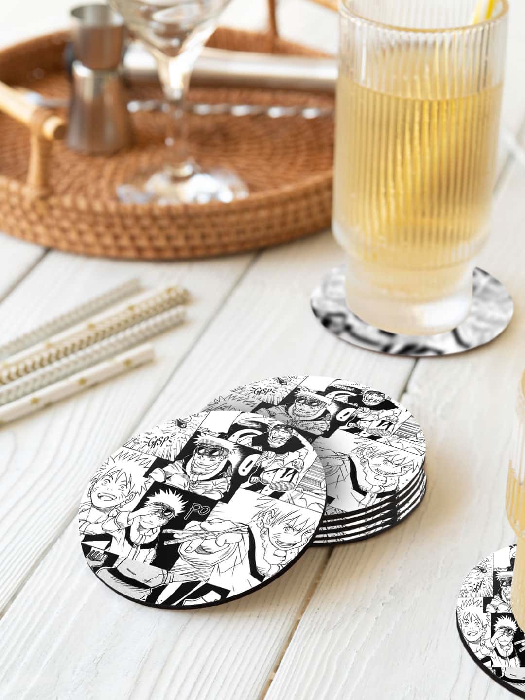 

macmerise Illustrations White & Black 6 Pieces Naruto Collage Printed Round Coasters