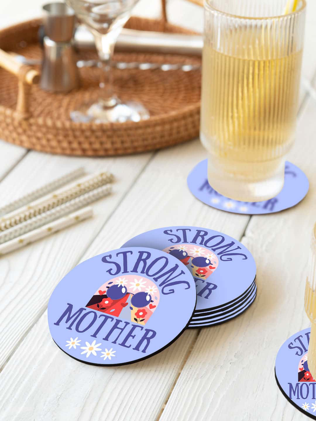

macmerise Illustrations Blue & Pink 6 Pieces Strong Mother Printed Round Coasters