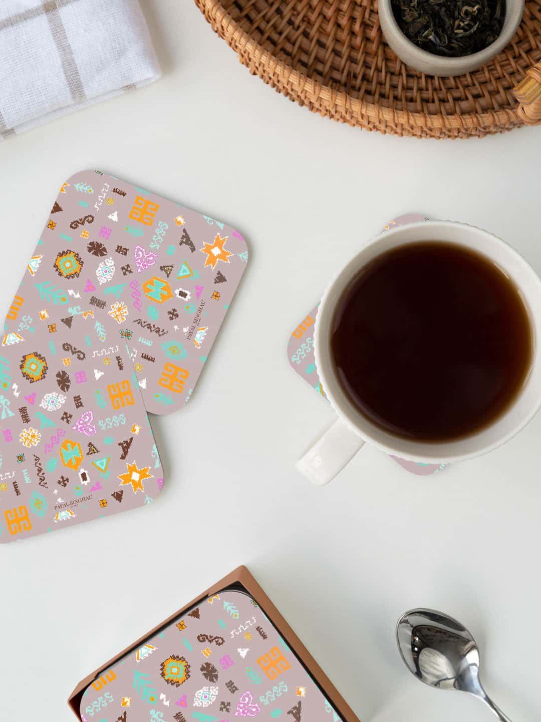 

macmerise Payal Singhal Lavender & Orange Bandhani Kilim Printed Square Coaster