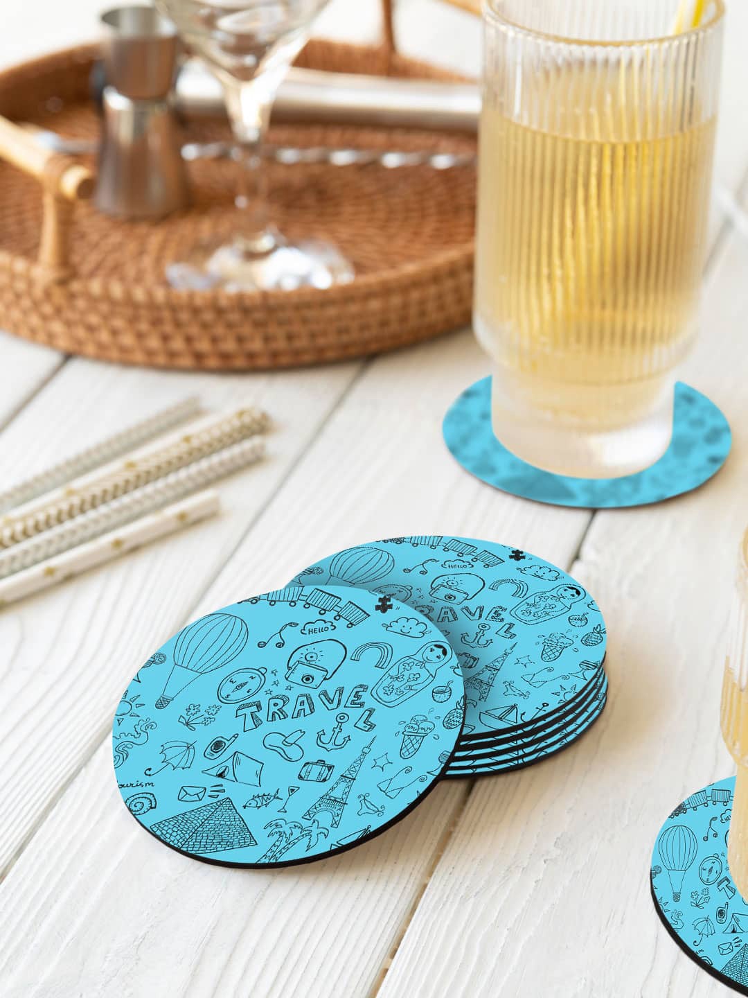 

macmerise Illustrations Blue & Black 6 Pieces Travel Doodle Printed Round Coasters