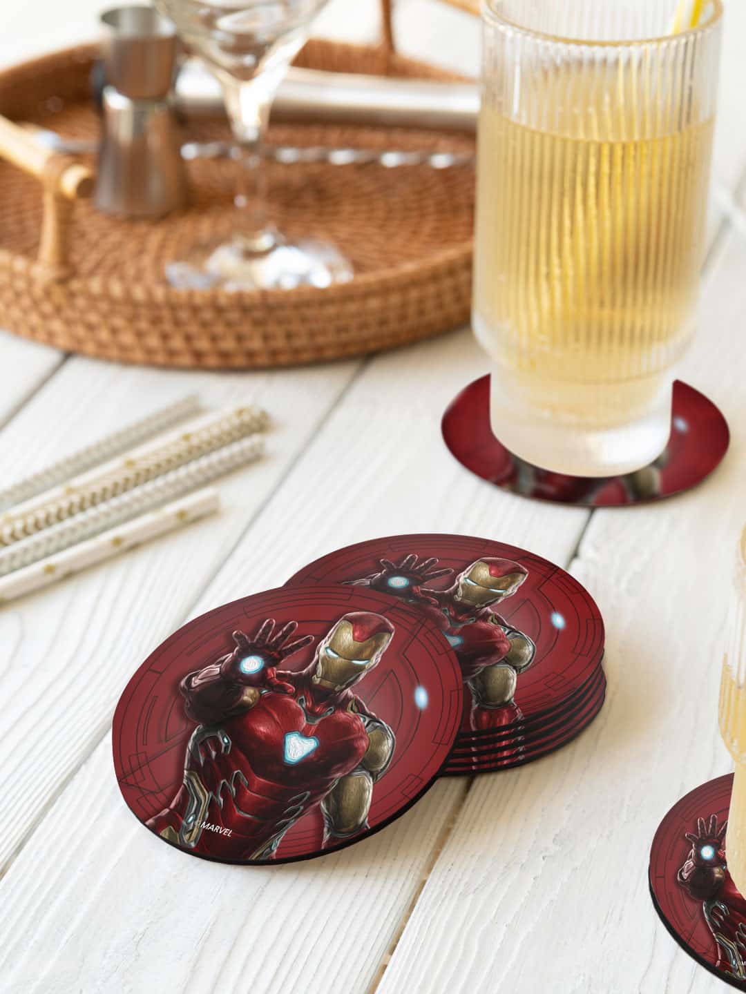 

macmerise Marvel Red & Blue 6 Pieces Iron Man Mark L Armour Printed Round Coasters