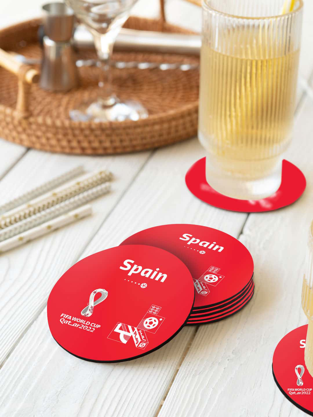 

macmerise FIFA Red & White 6 Pieces FIFA Spain Printed Round Coasters