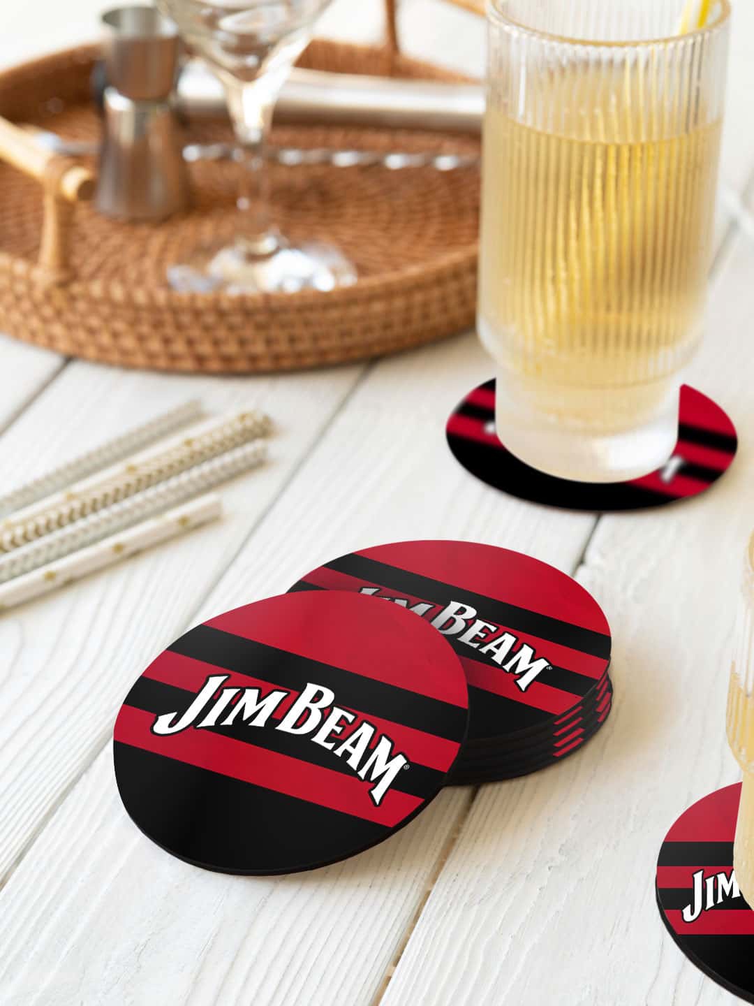 

macmerise Jim Beam Red & Black 6 Pieces Stripes Printed Round Coasters