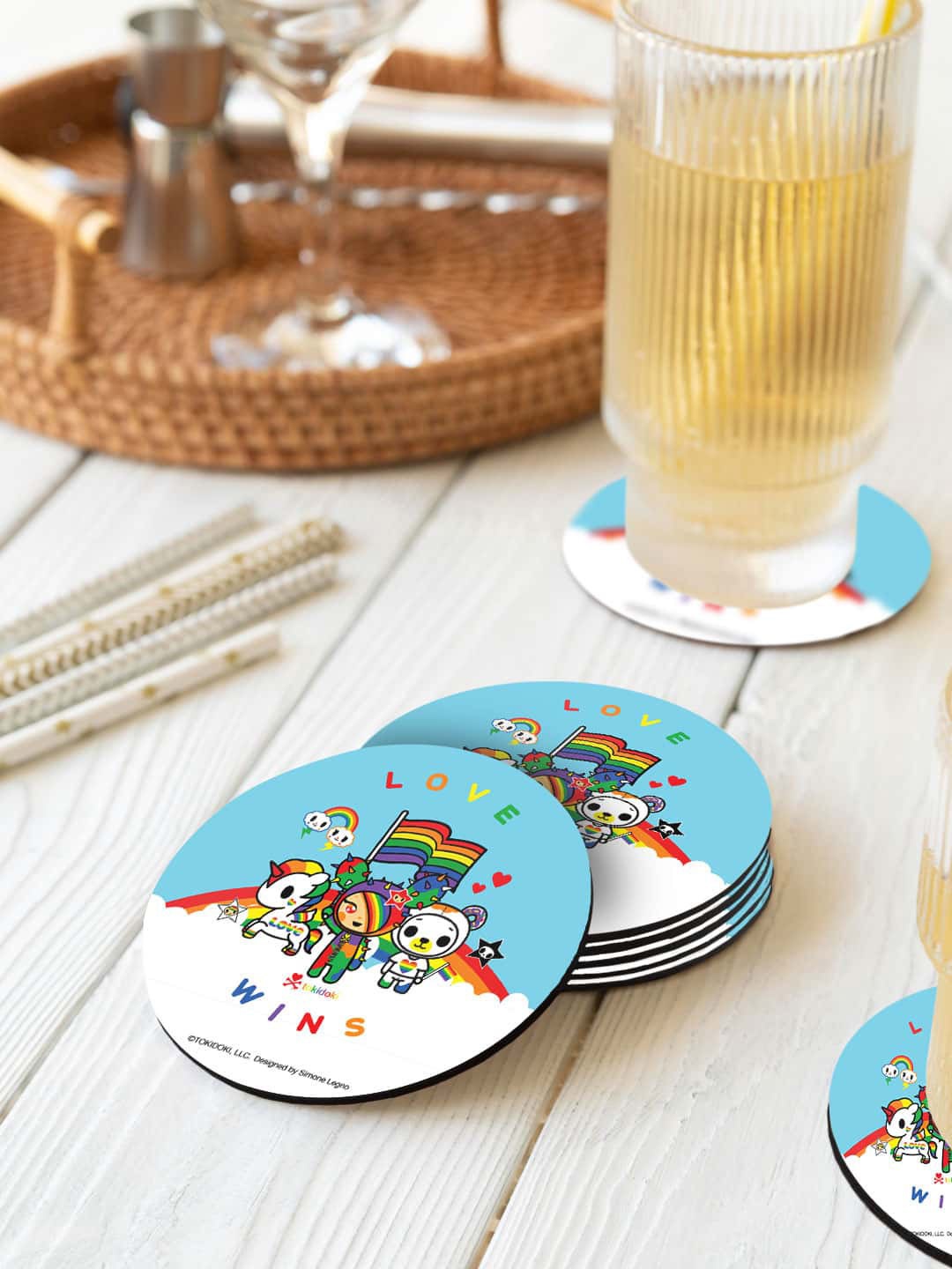 

macmerise Toki Doki Blue & White 6 Pieces TD Love Wins Printed Round Coasters