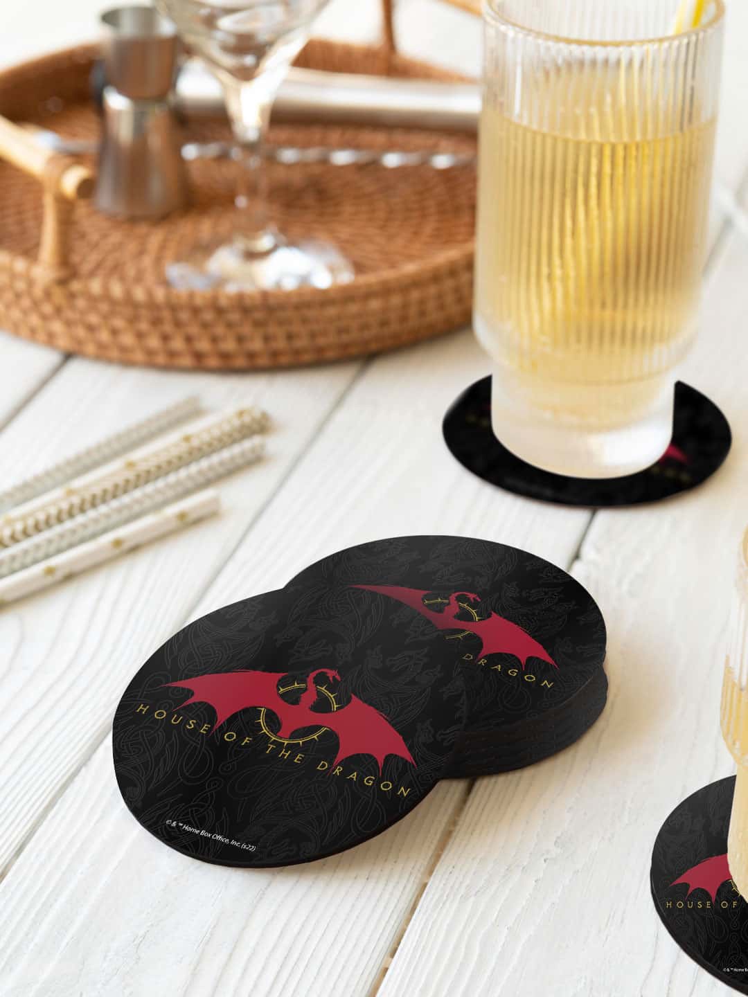 

macmerise Red & Black 6 Pieces Dragon Printed Round Coasters