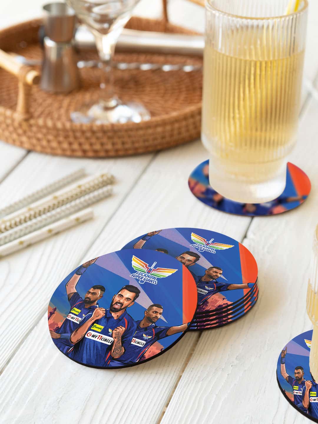 

macmerise 6 Pcs Blue & Orange Lucknow Super Giants Trio Printed Round Coasters