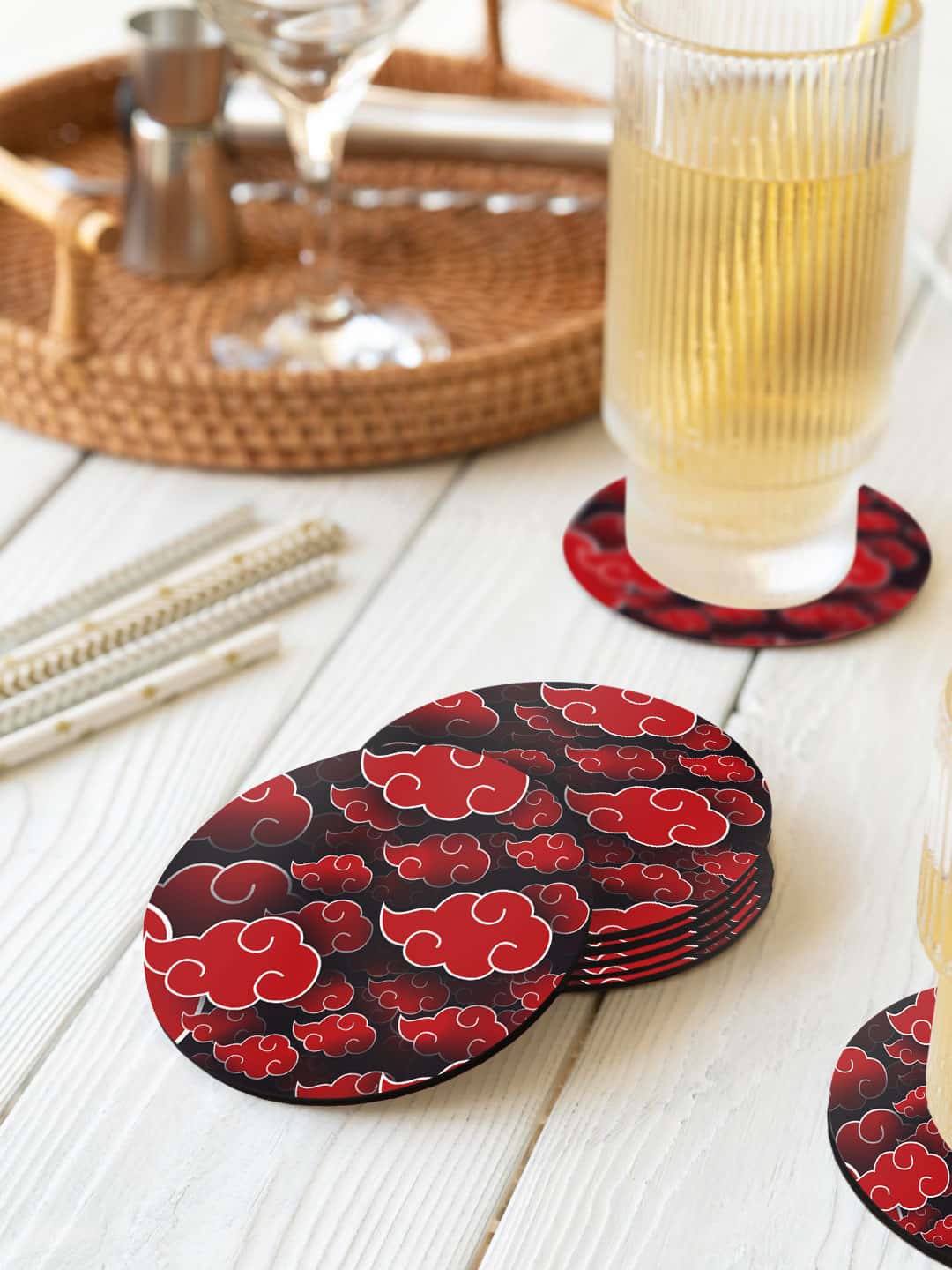 

macmerise Illustrations Red & Black 6 Pieces Akatsuki Clouds Printed Round Coasters