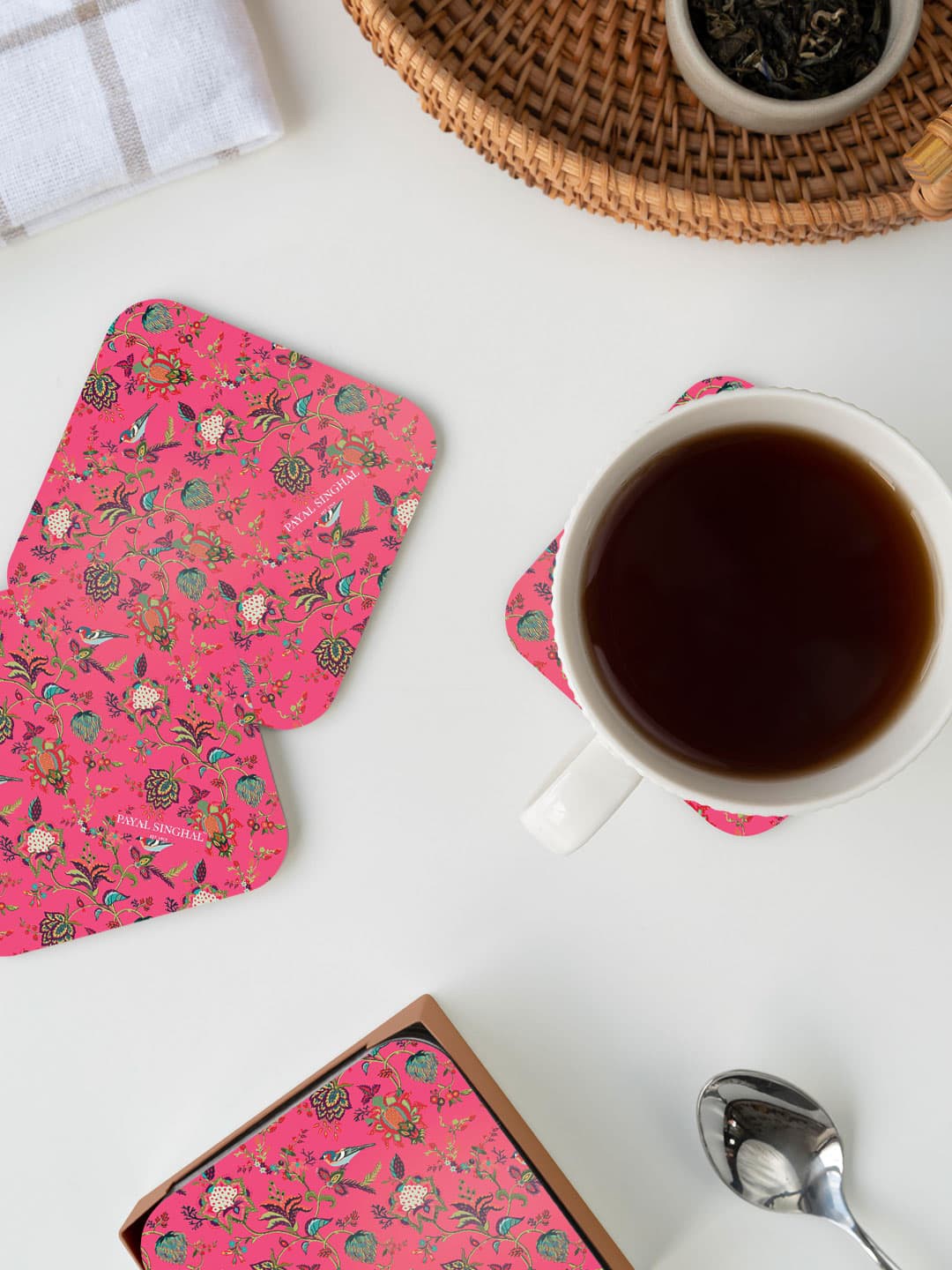 

macmerise Payal Singhal Pink & Green Chidiya Printed Square Coaster