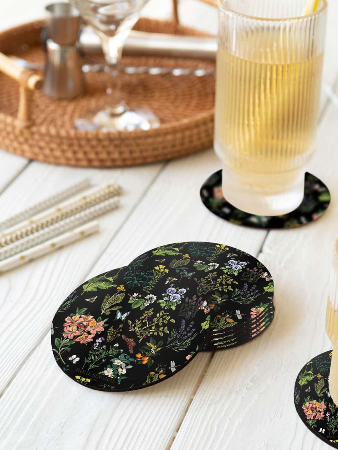 

macmerise Payal Singhal Green & Black 6 Pieces Titli Printed Round Coasters