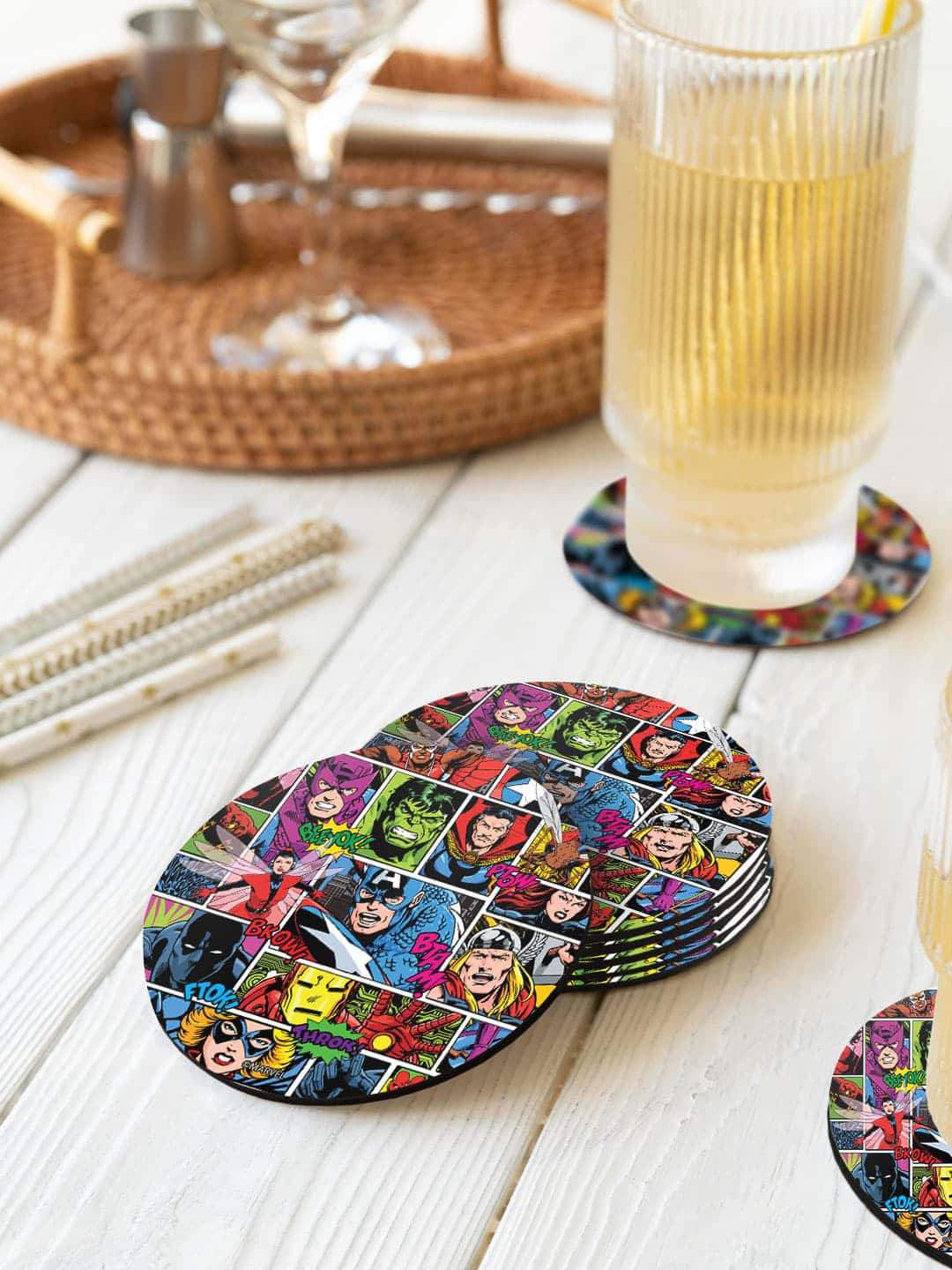 

macmerise Marvel Green & Red 6 Pieces Comic Superheroes Mashup Printed Round Coasters