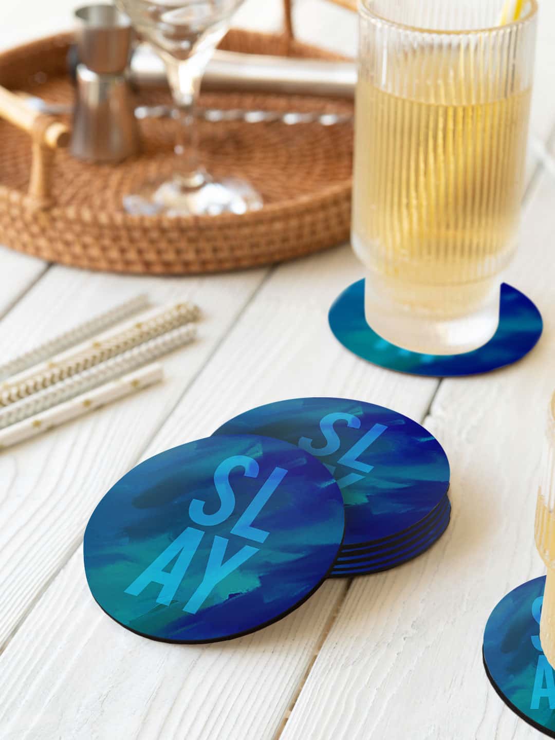 

macmerise Illustrations Blue & Green 6 Pieces Slay Printed Round Coasters