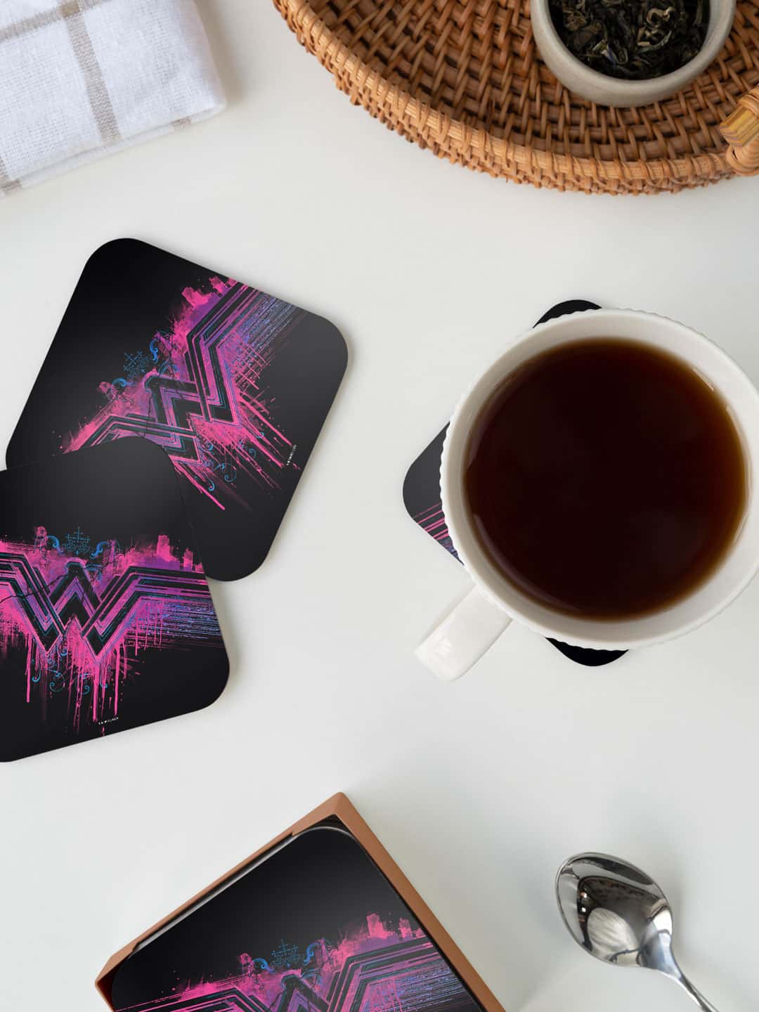 

macmerise DC Comics Black & Pink Wonder Woman Splatter Printed Square Coaster