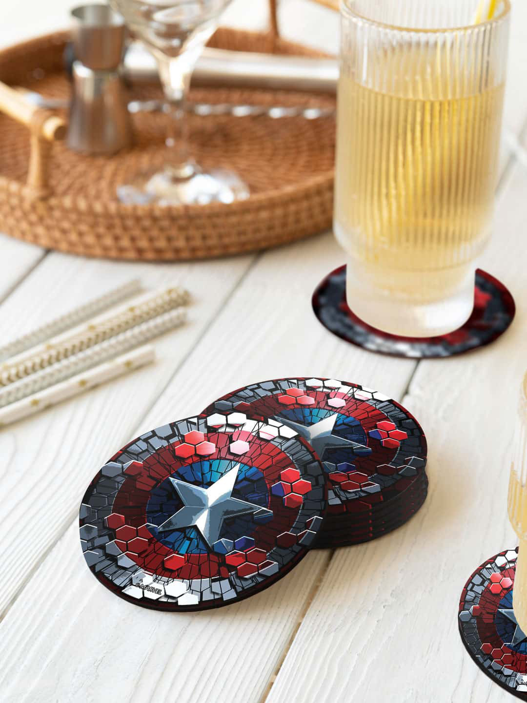 

macmerise Marvel Red & Blue 6 Pieces Hex Shield Printed Round Coasters