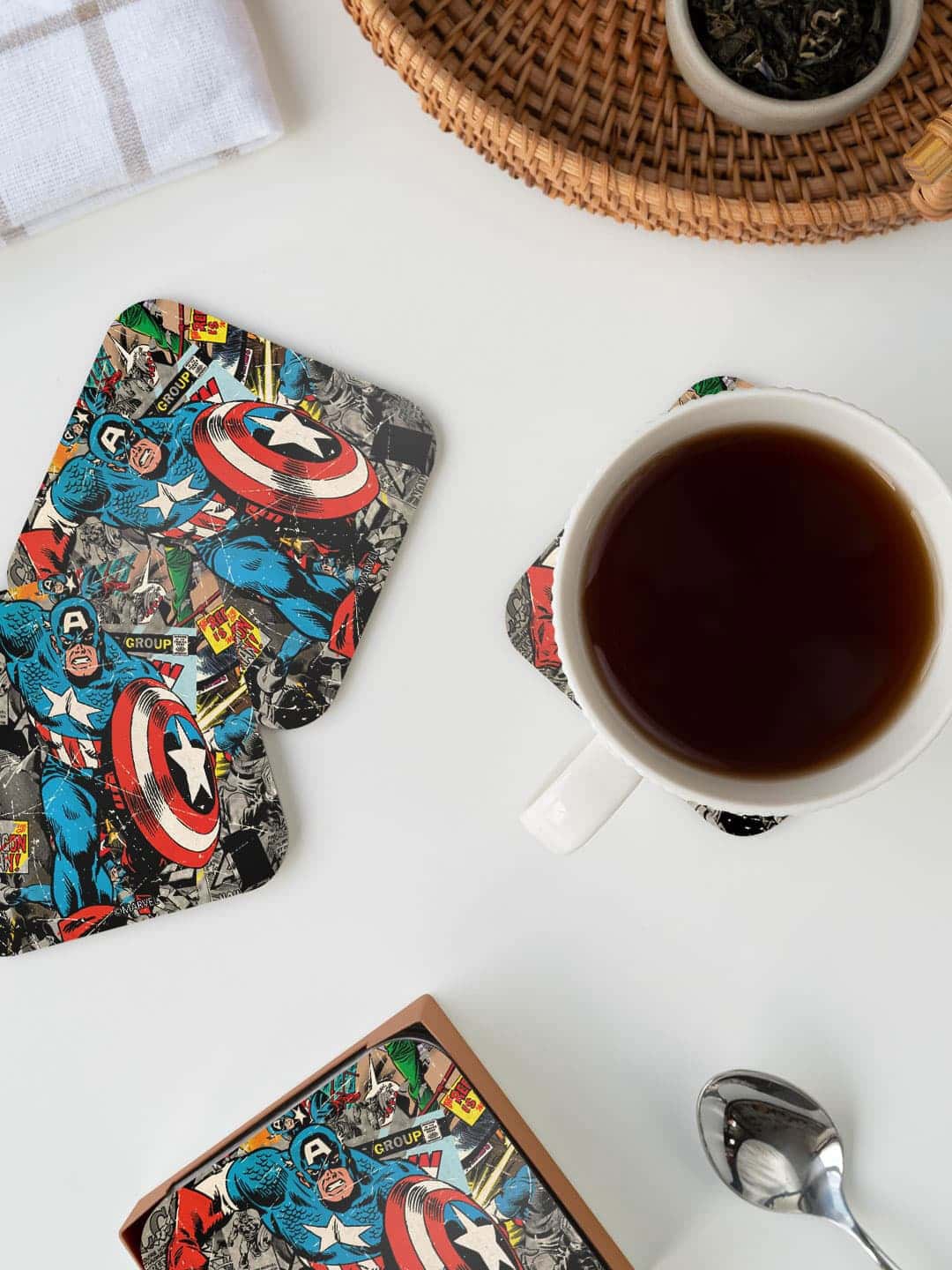 

macmerise Marvel Blue & Grey Comic Captain America Printed Square Coaster