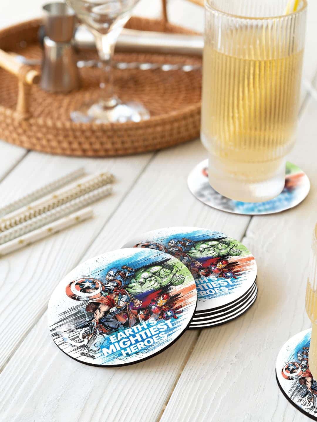 

macmerise Marvel 6 Pcs Blue & Green Earths Mightiest Heroes Printed Round Coasters