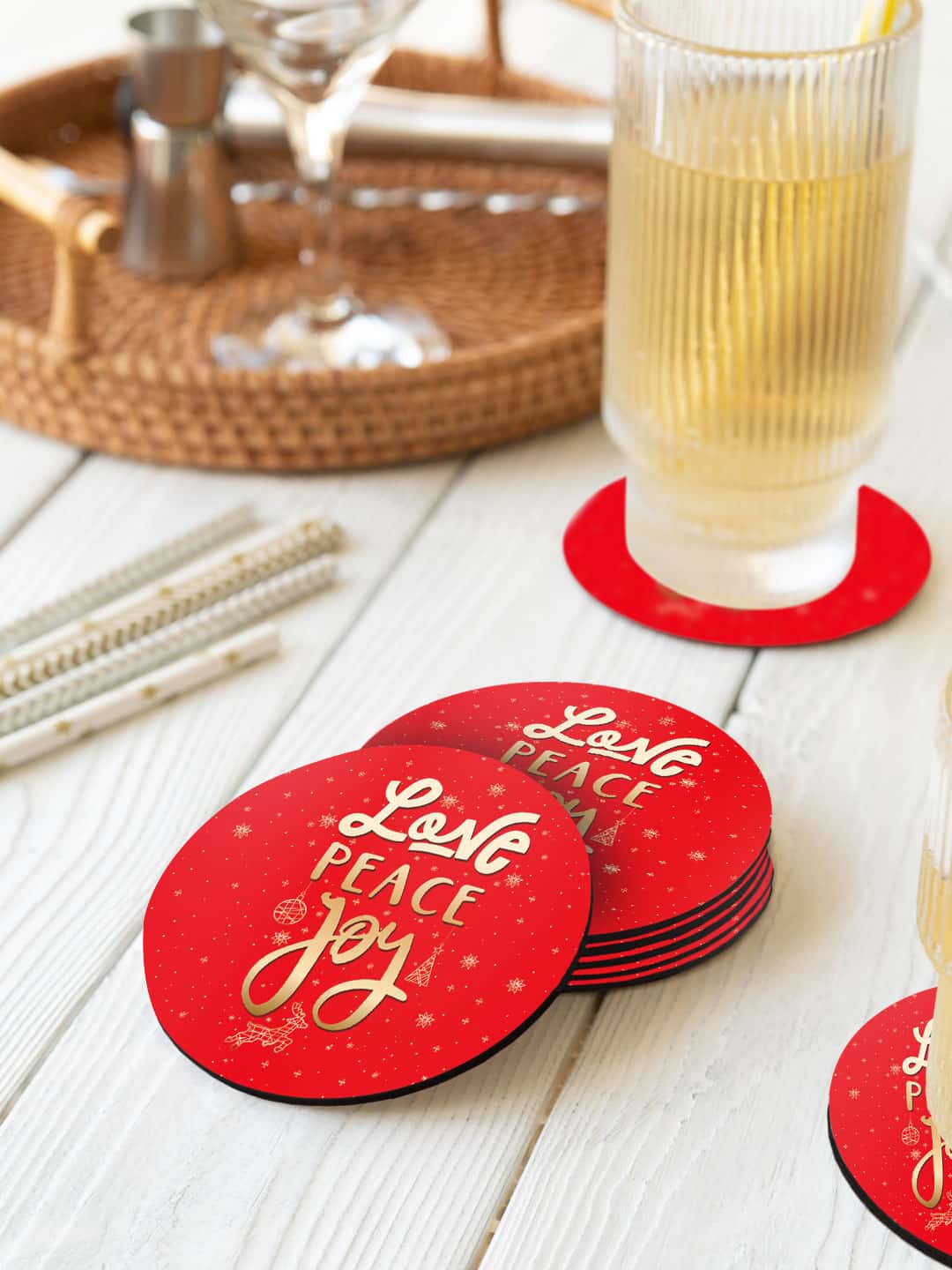 

macmerise Illustrations Red & Yellow 6 Pieces Christmas Love Printed Round Coasters