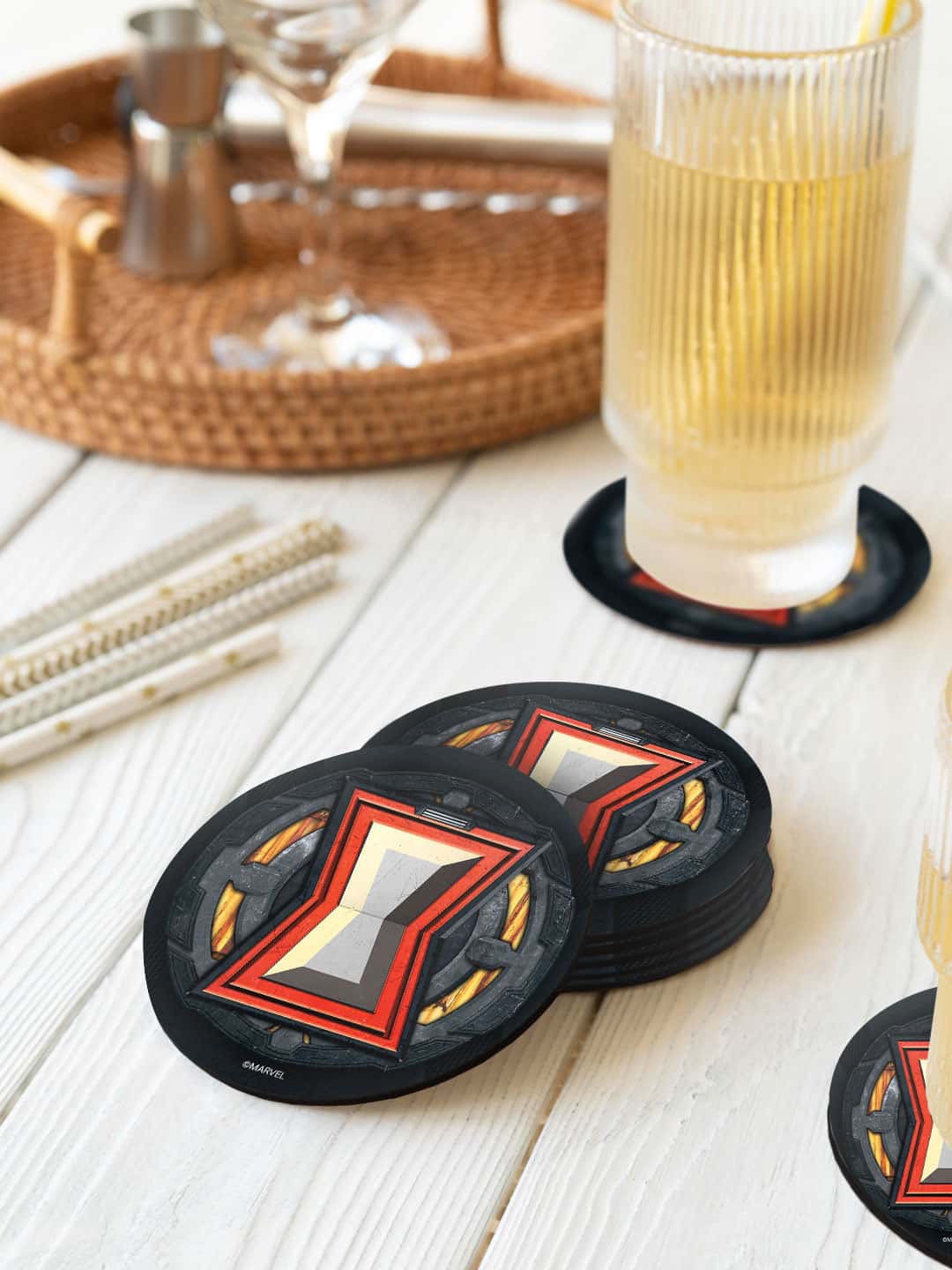

macmerise Red & Black 6 Pieces Armor Badge Black Widow Printed Round Coasters