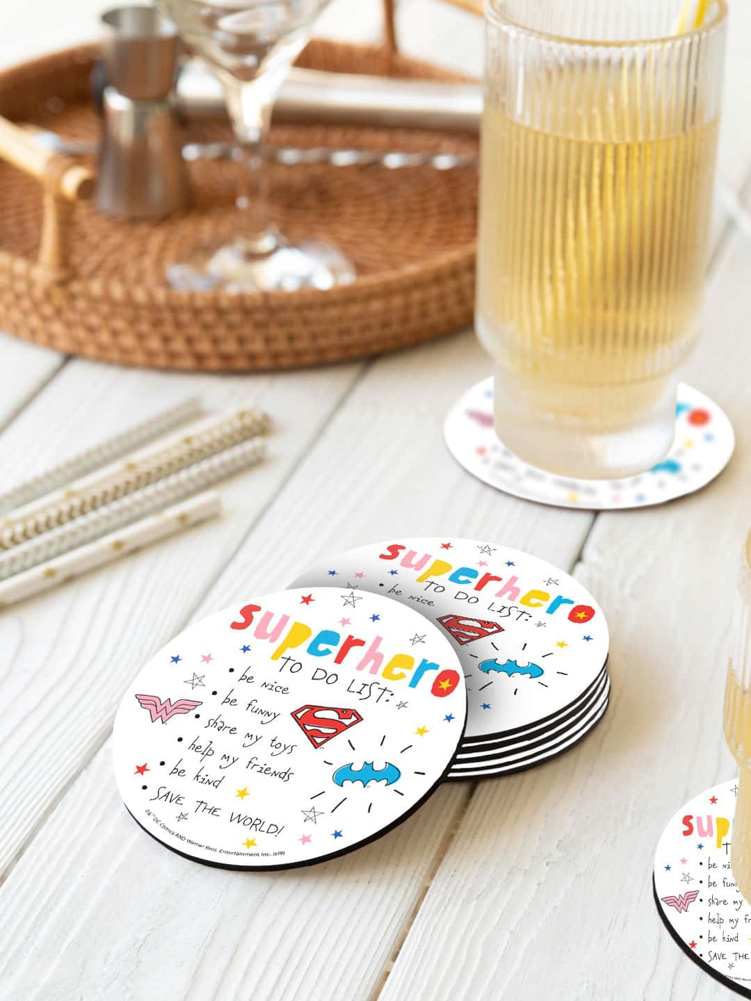 

macmerise DC Comics 6 Pcs White & Red Superhero To Do List Printed Round Coasters