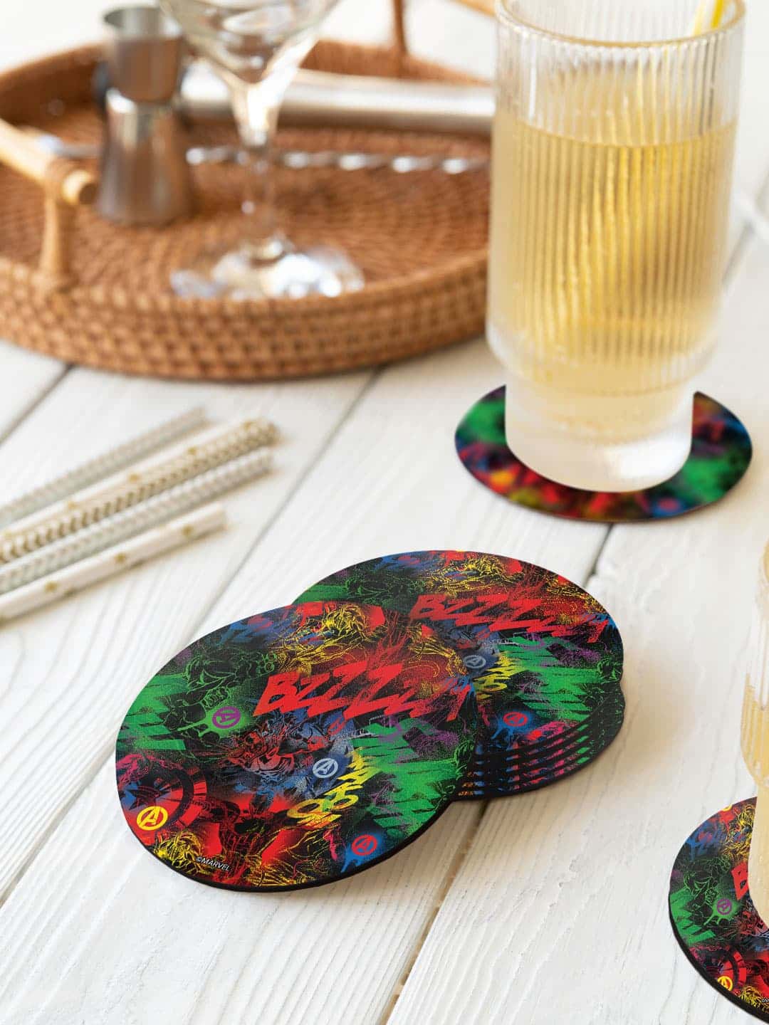 

macmerise Marvel 6 Pcs Red & Green Avengers Graffiti Printed Round Coasters