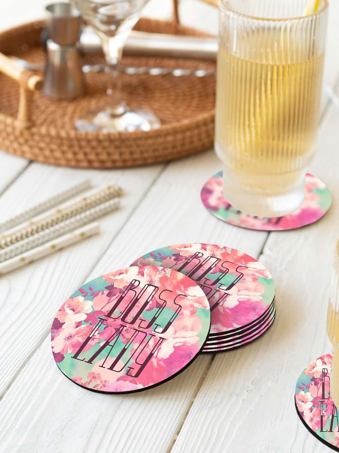 

macmerise Pink & Blue 6 Pieces Boss Lady Printed Round Coasters