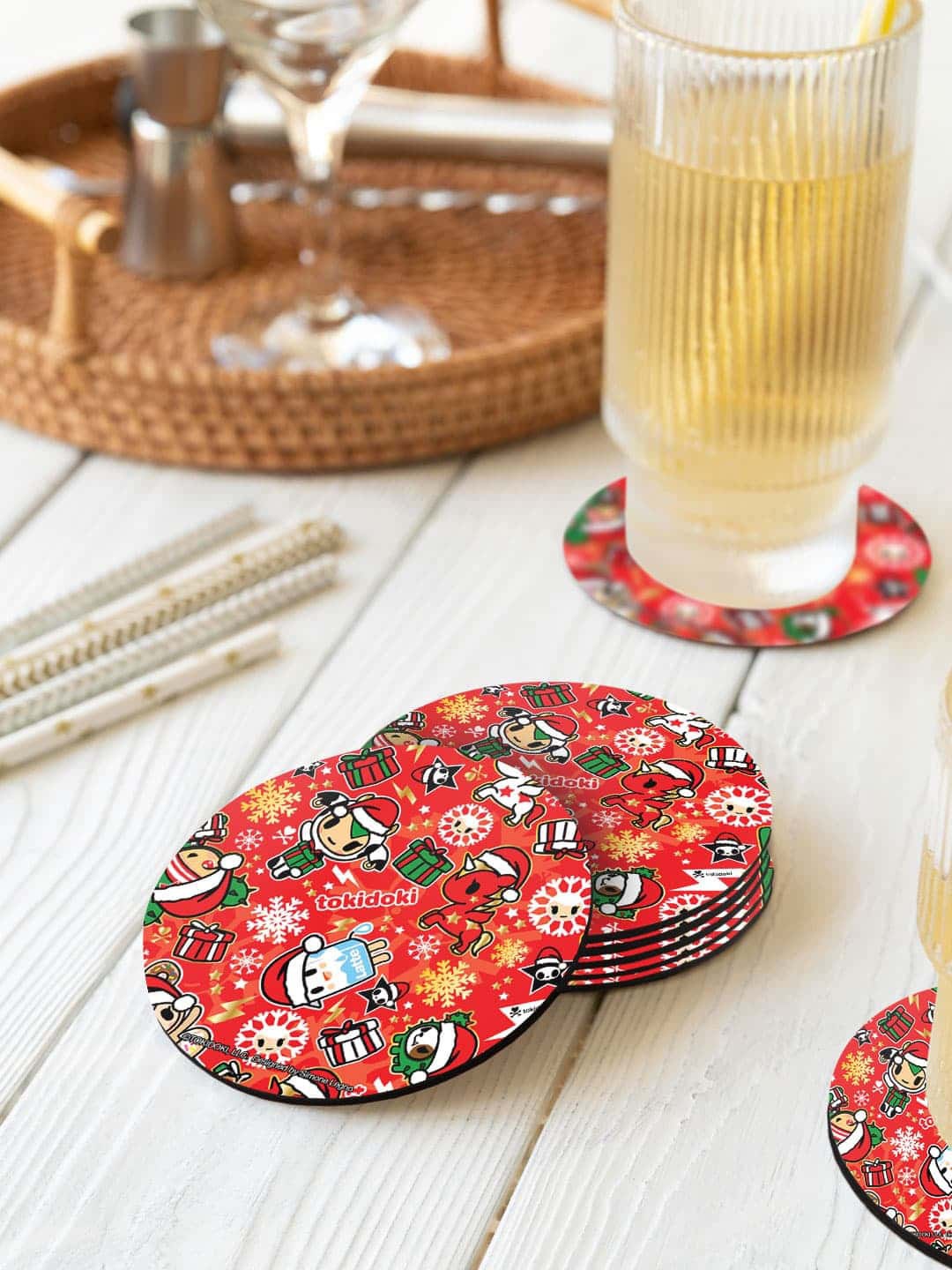 

macmerise Toki Doki Red & Green 6 Pieces TD Festive Cheer Printed Round Coasters